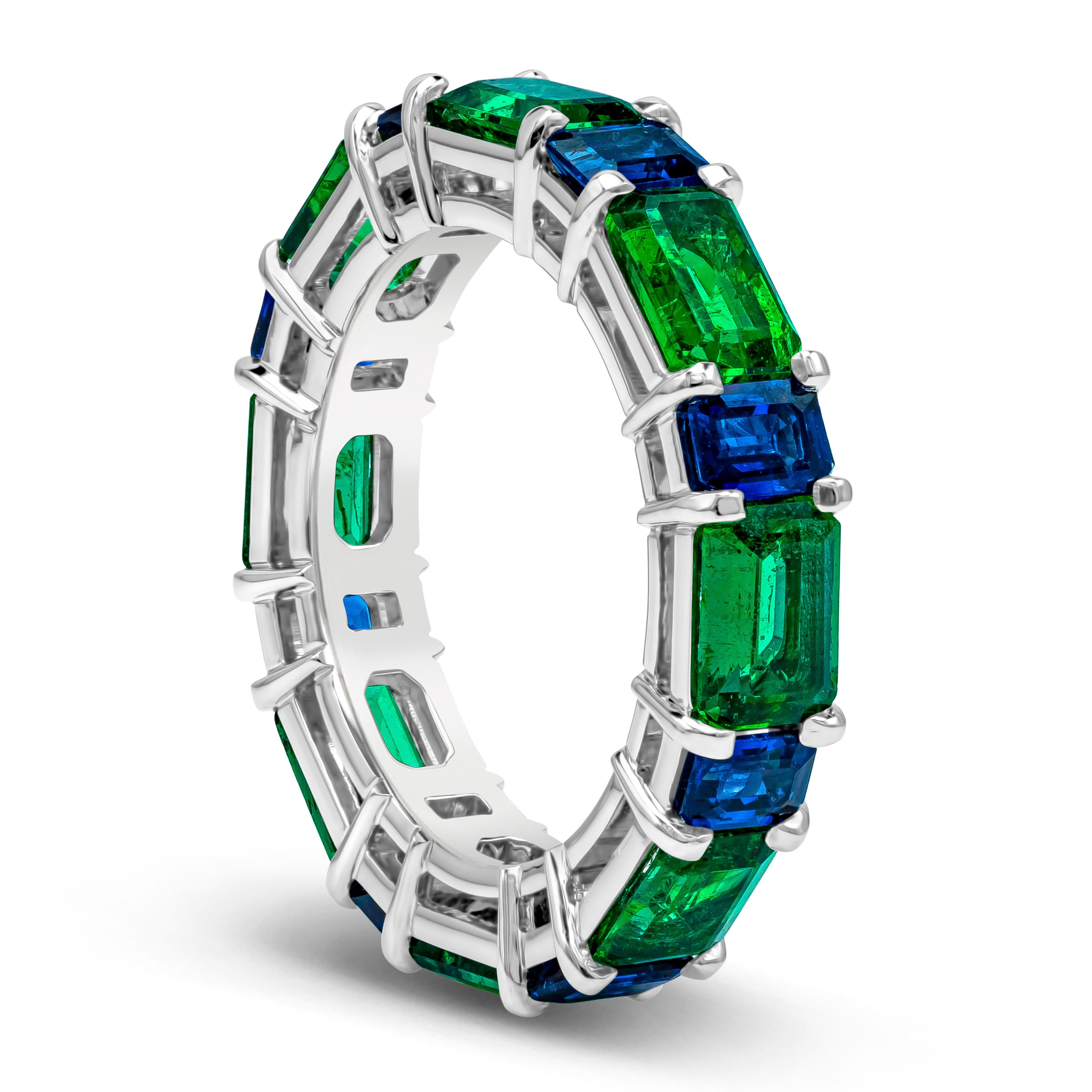 A stylish piece of jewelry showcasing vibrant emerald cut green emeralds, spaced by square cut blue sapphires, Emeralds weigh 3.94 carats total, Blue sapphires weigh 2.16 carats total. Set in a shared-prong setting, Made with Platinum, Size 6.5 US