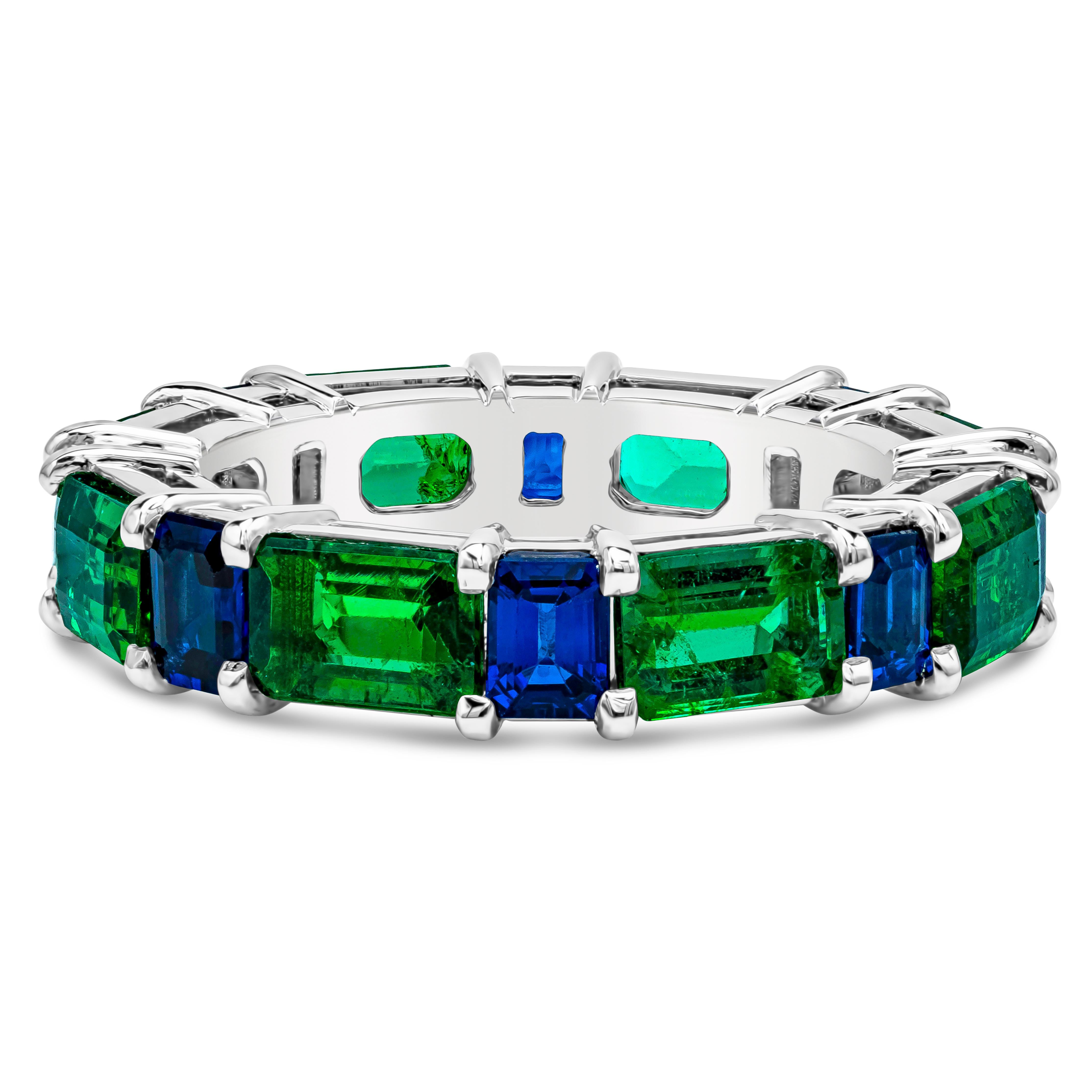 Roman Malakov 6.10 Carats Total Alternating Emerald & Blue Sapphire Wedding Band For Sale