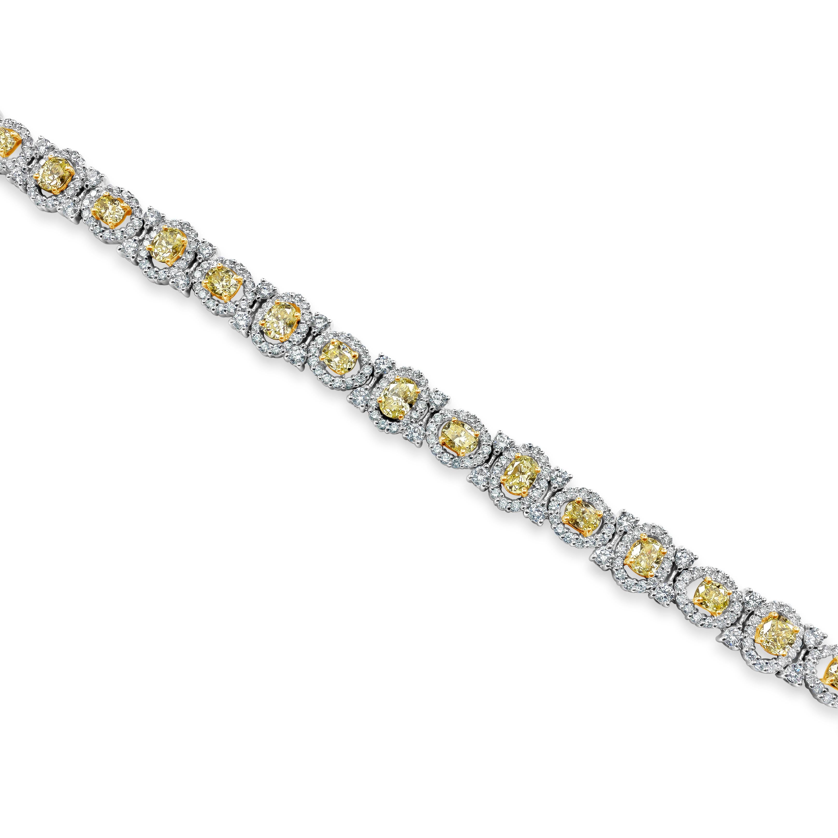 Contemporary Roman Malakov 6.21 Carats Oval Cut Fancy Yellow Diamond Halo Tennis Bracelet For Sale