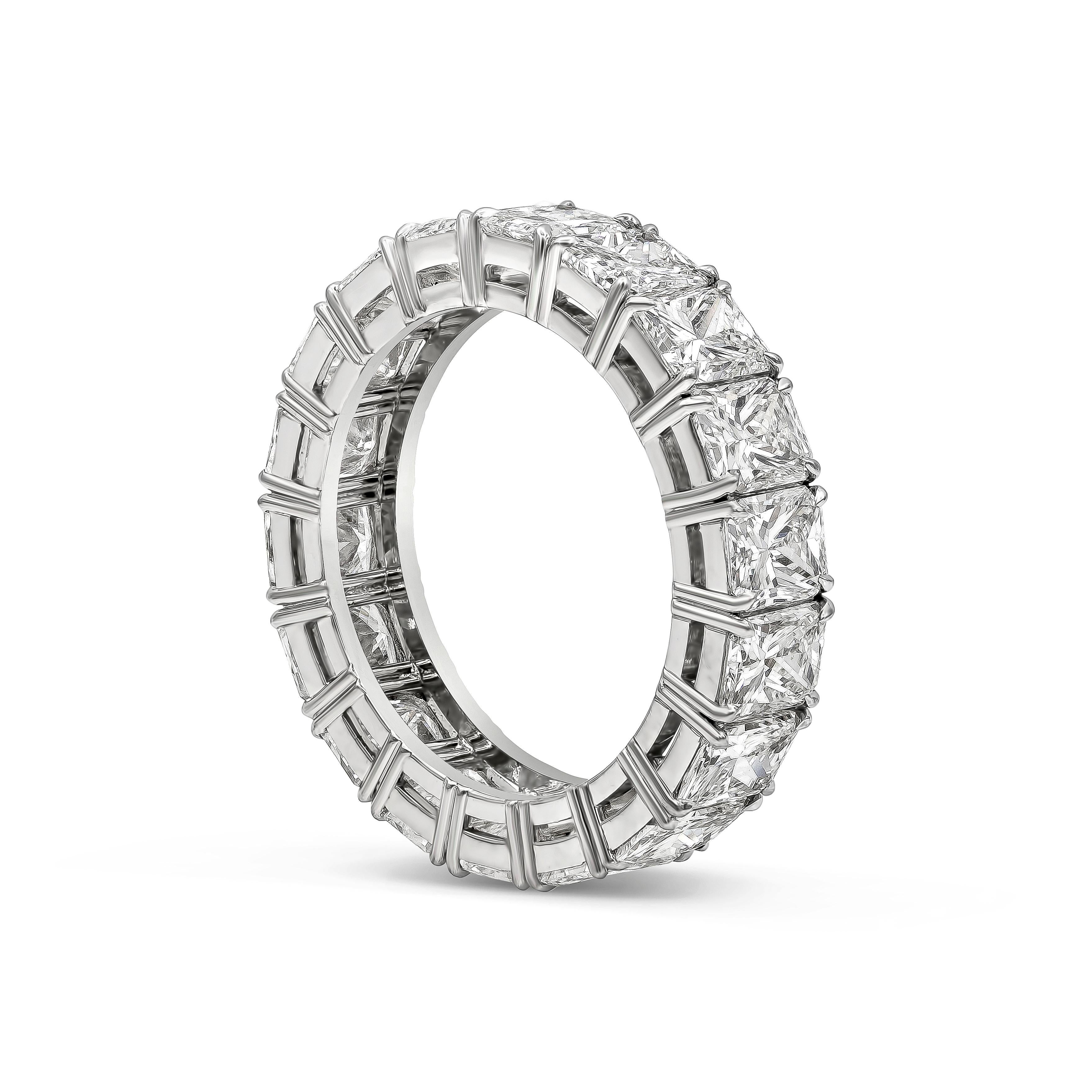 A classic eternity wedding band style showcasing a row of radiant cut diamonds weighing 6.24 carats total, set in a polished platinum mounting. Size 5.75 US. F color VS-VVS clarity.

Style available in different price ranges. Prices are based on