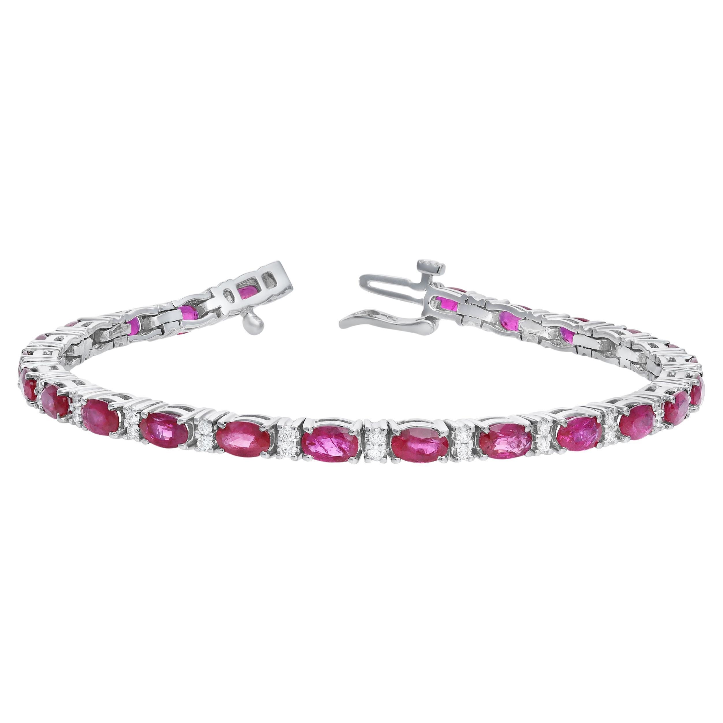 Roman Malakov Diamonds Bracciale Tennis con Rubino e Diamanti Taglio Ovale da 6,49 Carati in Oro Bianco