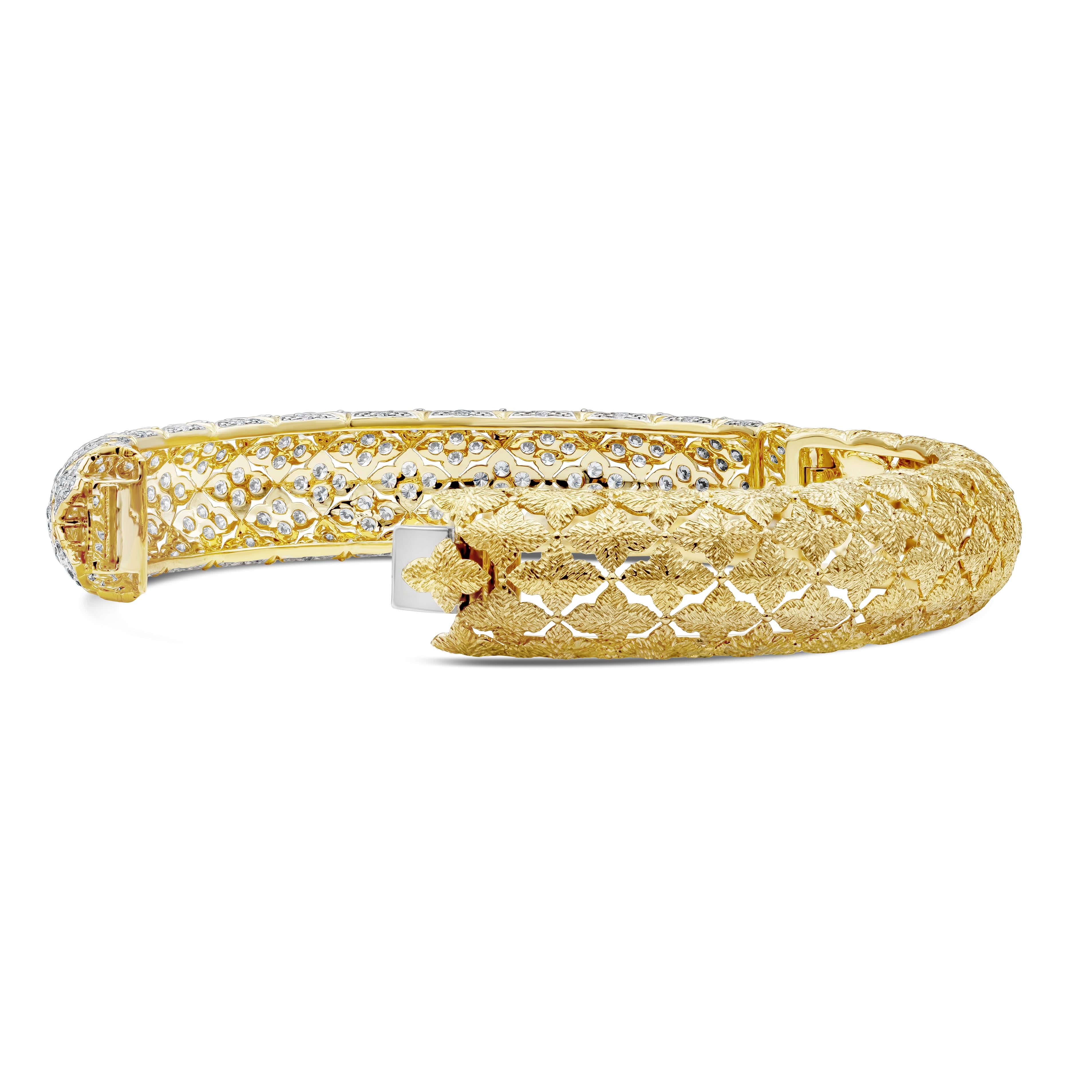 Contemporary 6.64 Carat Total Round Diamond in Floral Design Bangle Fashion Bracelet For Sale