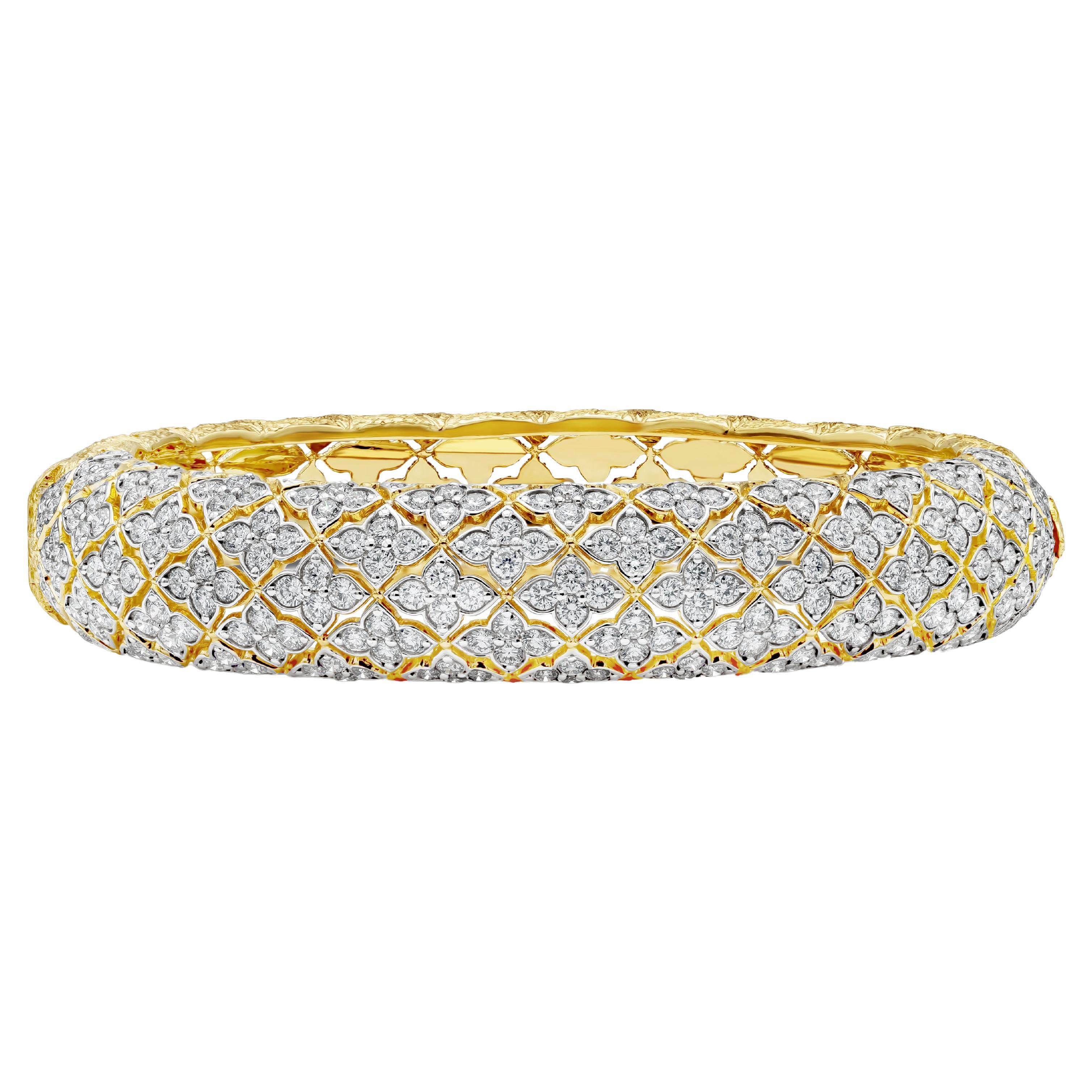 6.64 Carat Total Round Diamond in Floral Design Bangle Fashion Bracelet