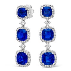 Roman Malakov 6.72 Carats Total Cushion Cut Sapphire with Diamond Drop Earrings
