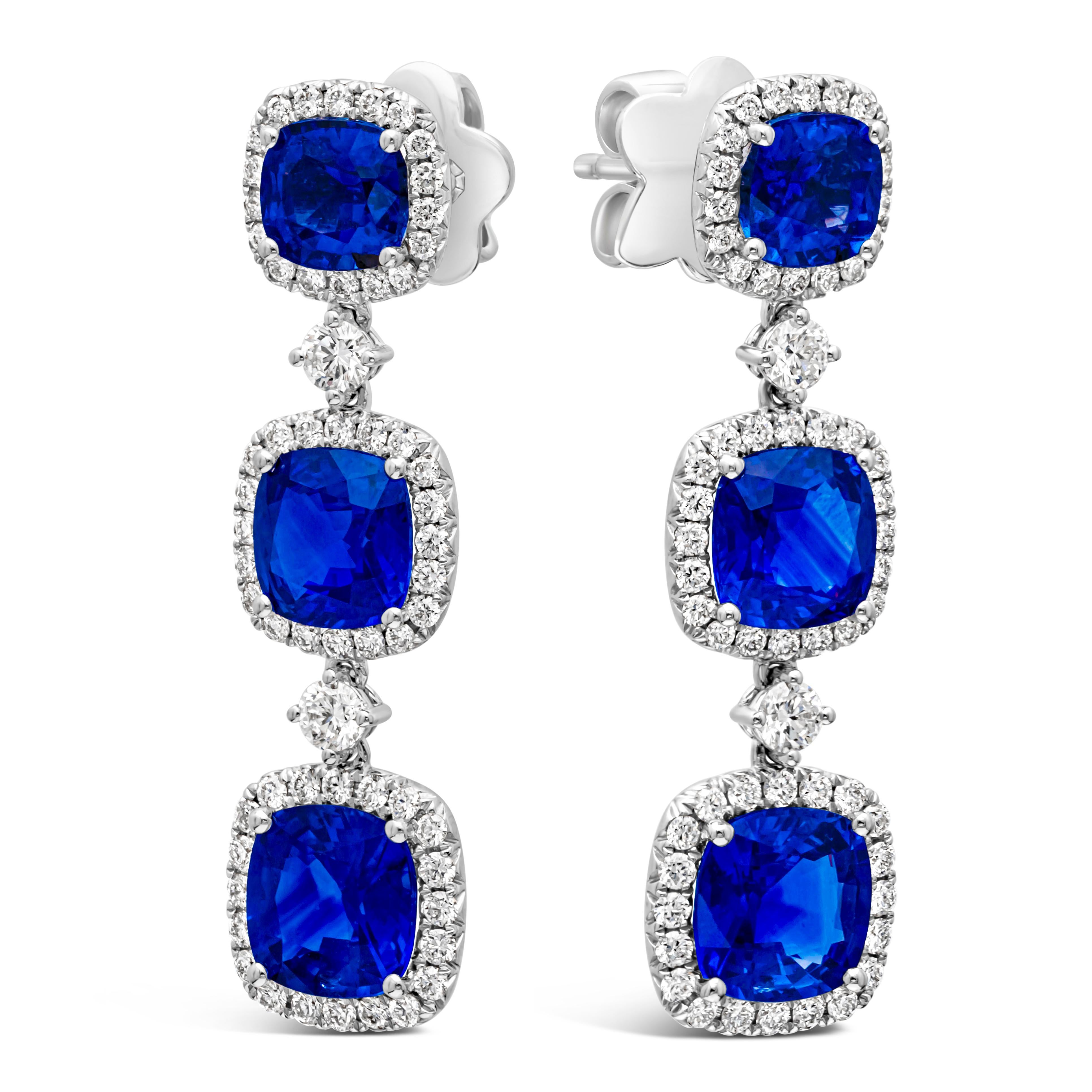 Contemporary Roman Malakov 6.72 Carat Total Cushion Cut Sapphire with Diamond Drop Earrings For Sale