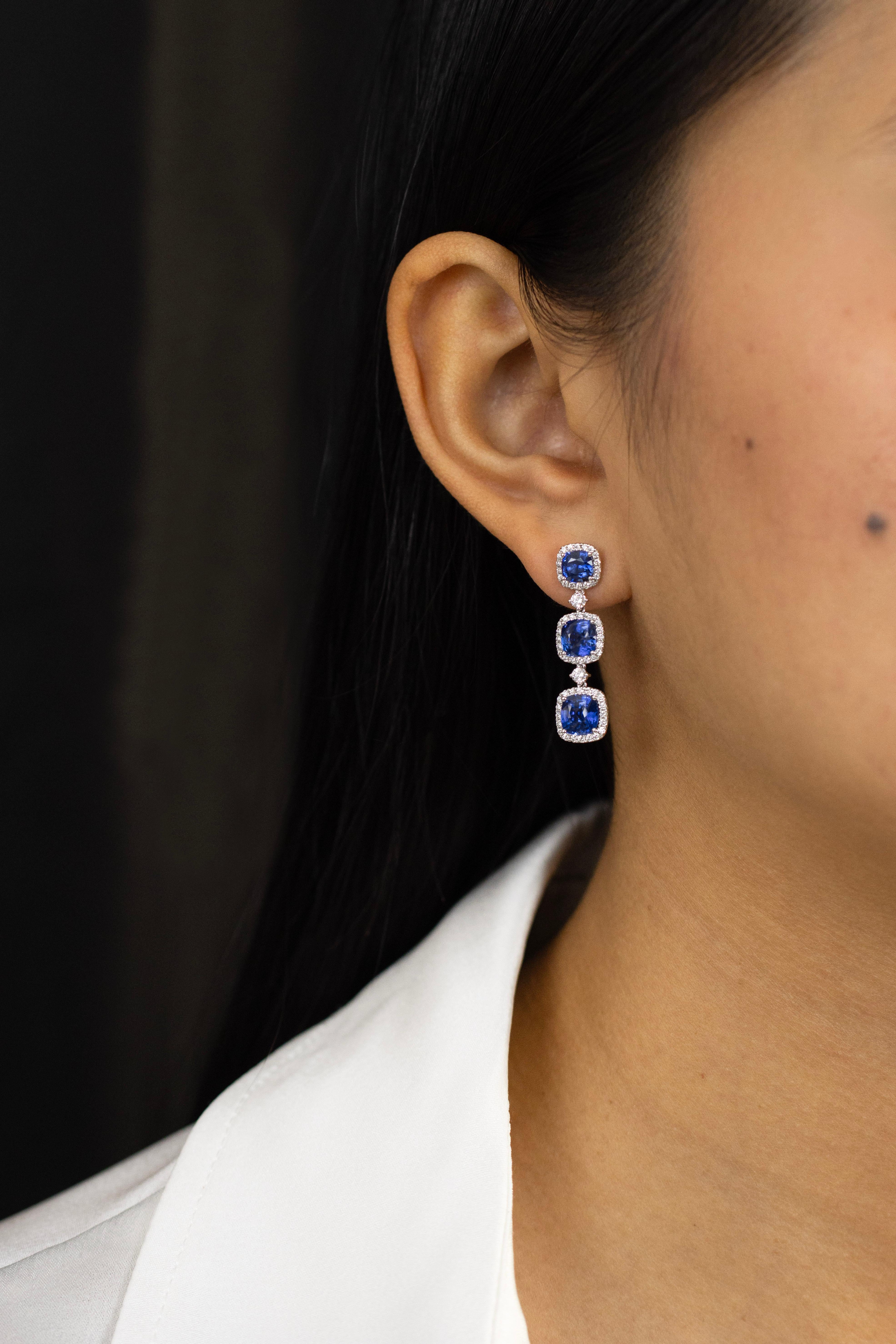 Roman Malakov 6.72 Carat Total Cushion Cut Sapphire with Diamond Drop Earrings In New Condition For Sale In New York, NY