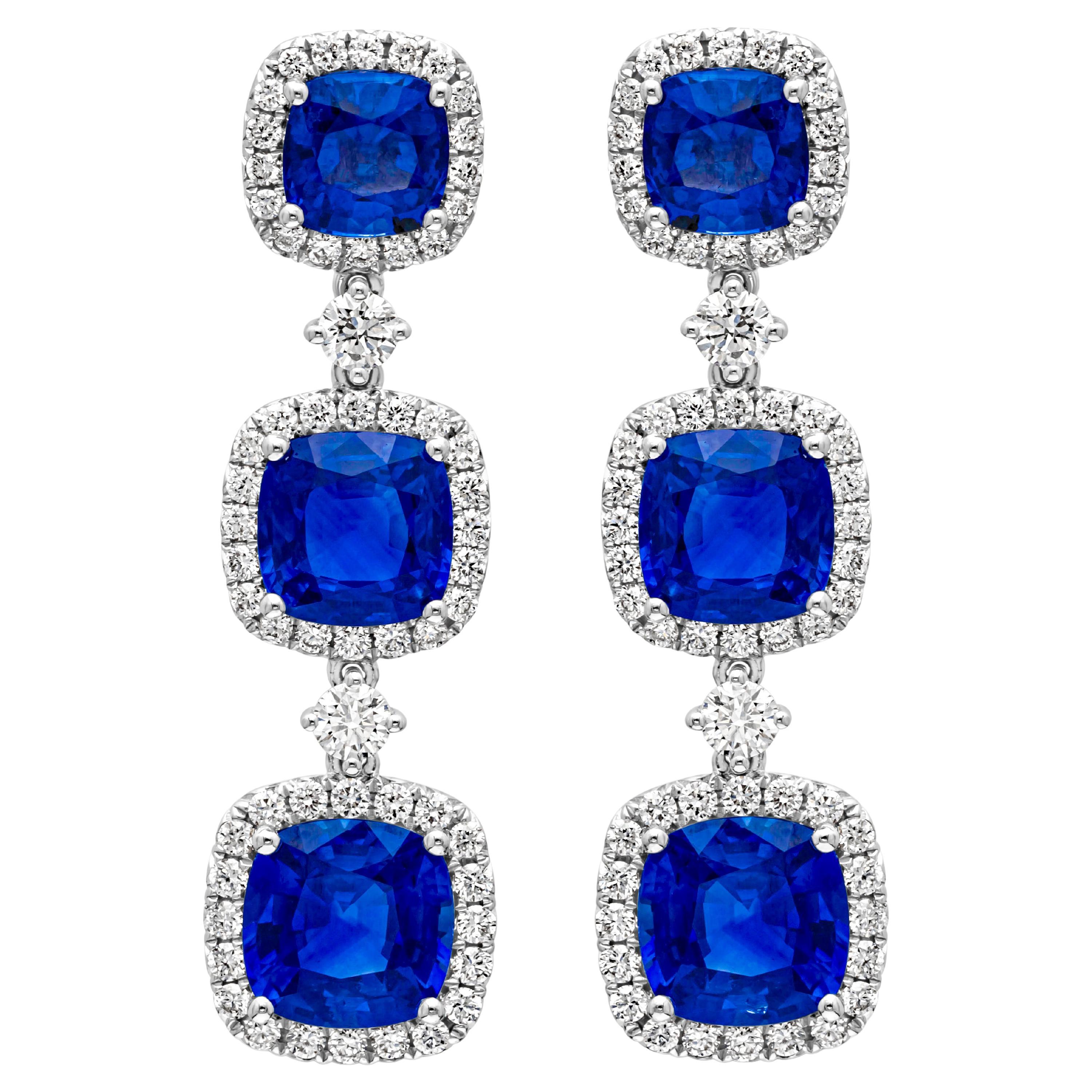 Roman Malakov 6.72 Carat Total Cushion Cut Sapphire with Diamond Drop Earrings For Sale