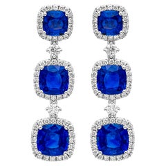 Roman Malakov 6.72 Carat Total Cushion Cut Sapphire with Diamond Drop Earrings