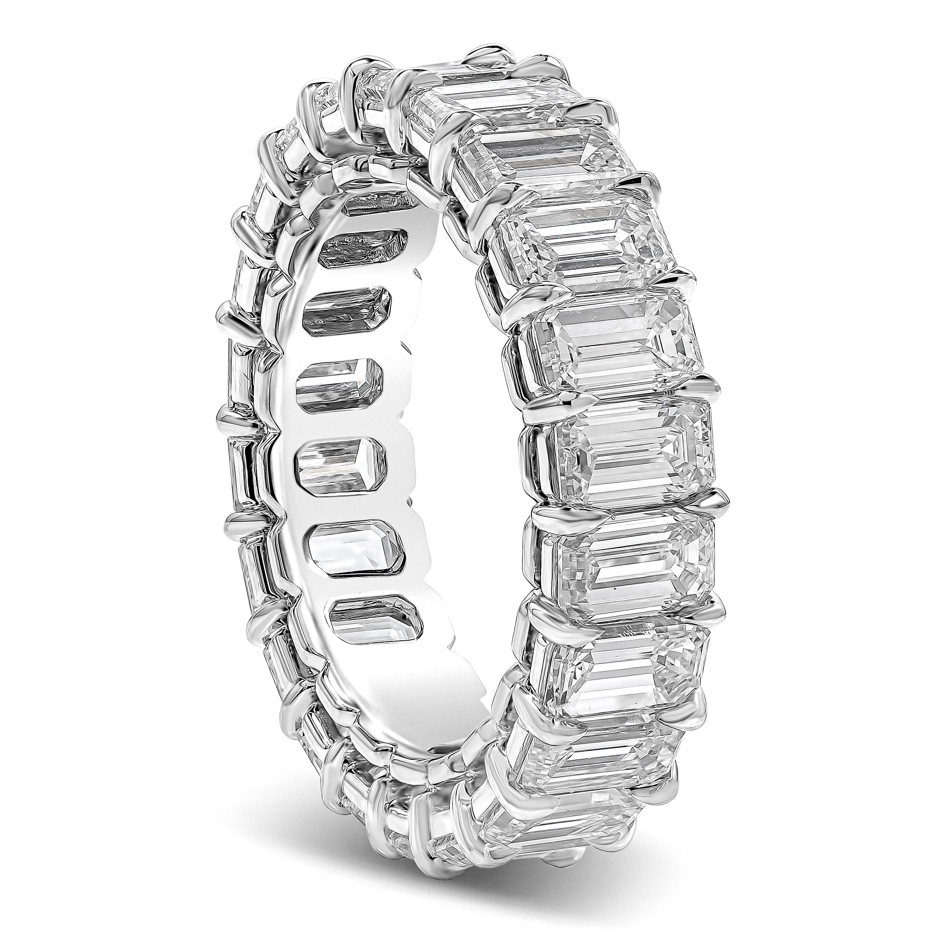 A classic and timeless eternity wedding band ring style showcasing a row of emerald cut diamonds weighing 6.98 carats total, G-H Color and VS-VVS in Clarity. Made with Platinum, Size 6.25 US resizable upon request.

Style available in different