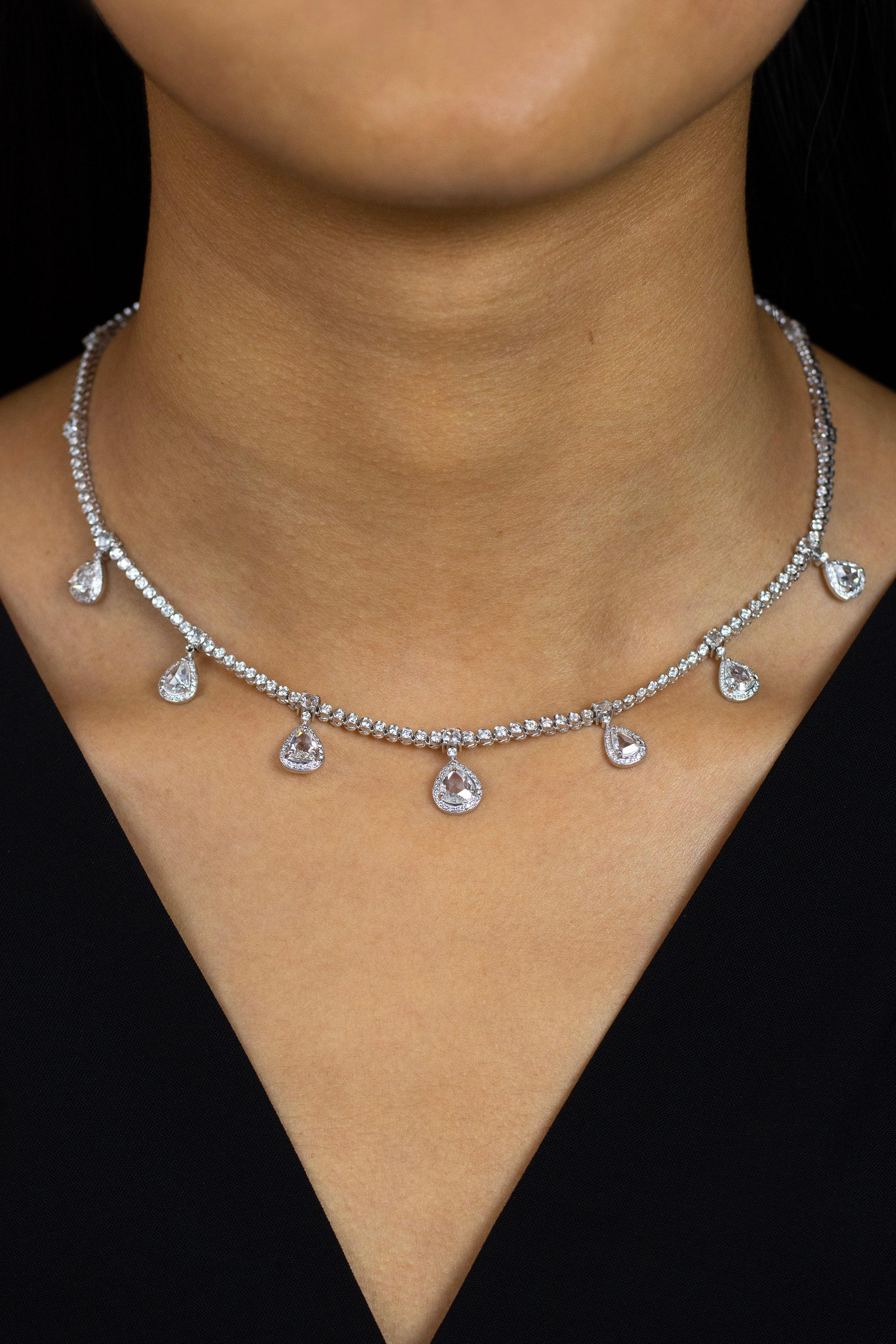 Mixed Cut Roman Malakov 7.13 Carat Total Round and Rose Cut Diamond Fringe Tennis Necklace For Sale