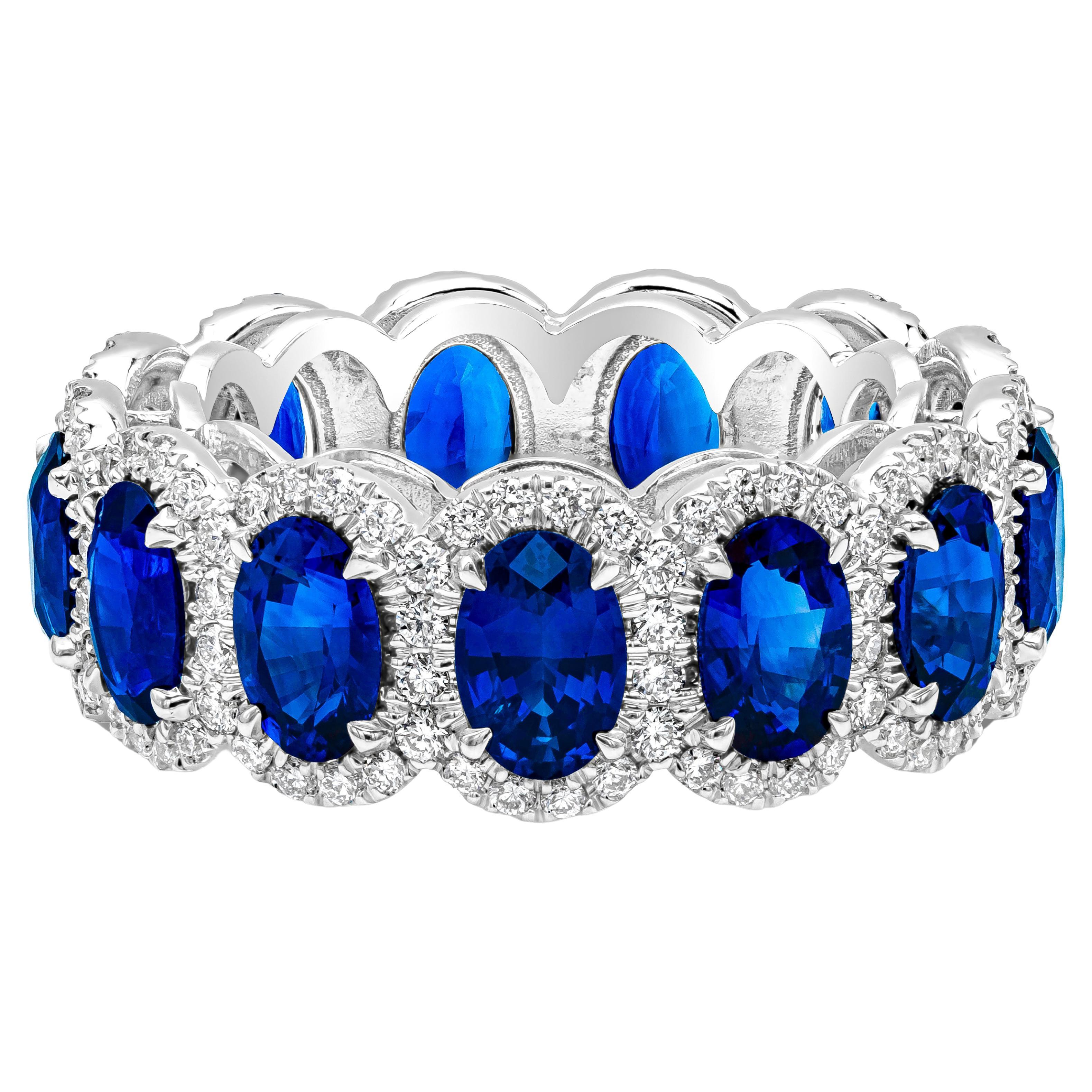 Roman Malakov 7.18 Carat Oval Cut Blue Sapphire Halo Eternity Wedding Band Ring For Sale