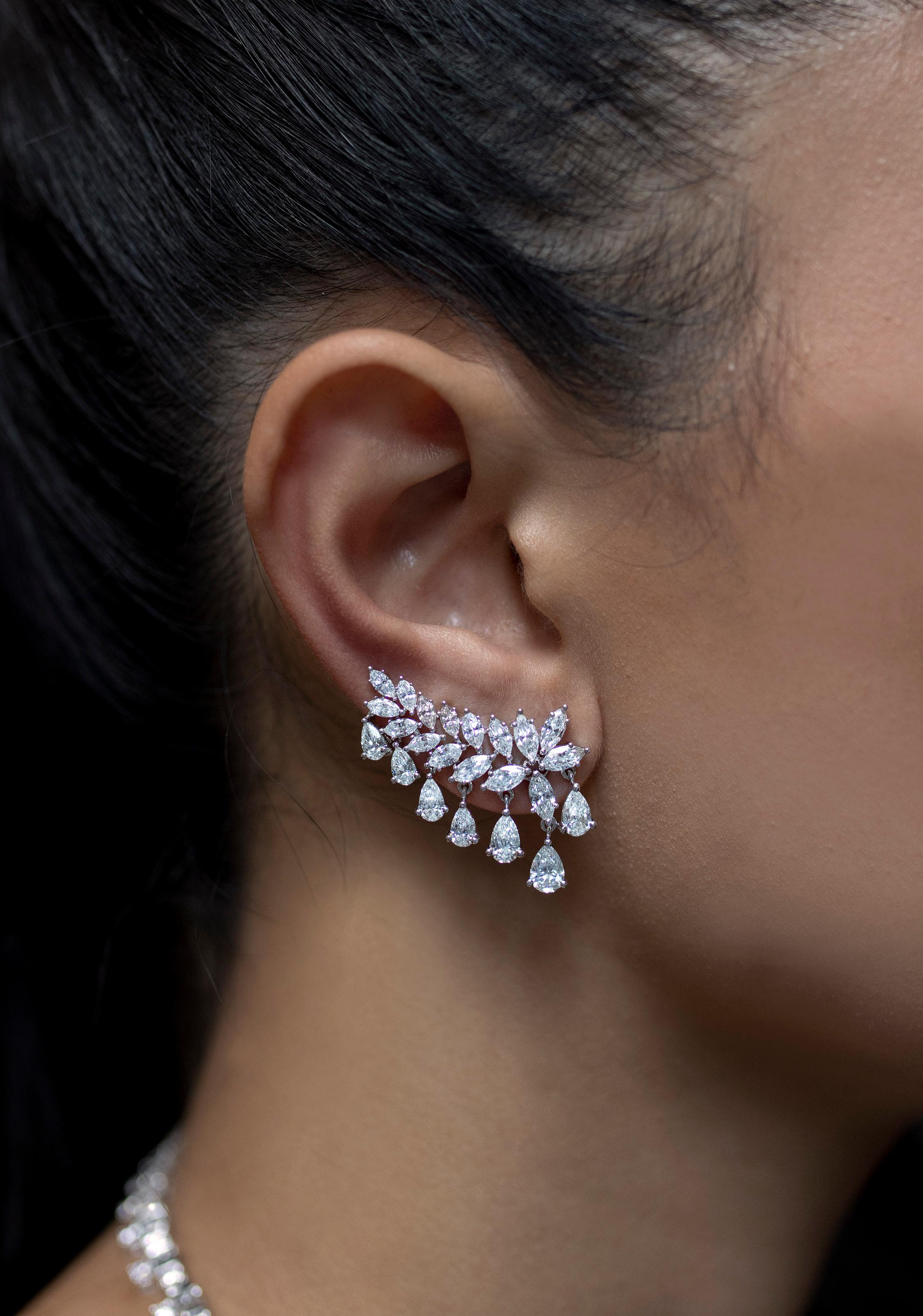 Mixed Cut Roman Malakov 7.21 Carats Total Pear and Marquise Cut Diamond Crawler Earrings