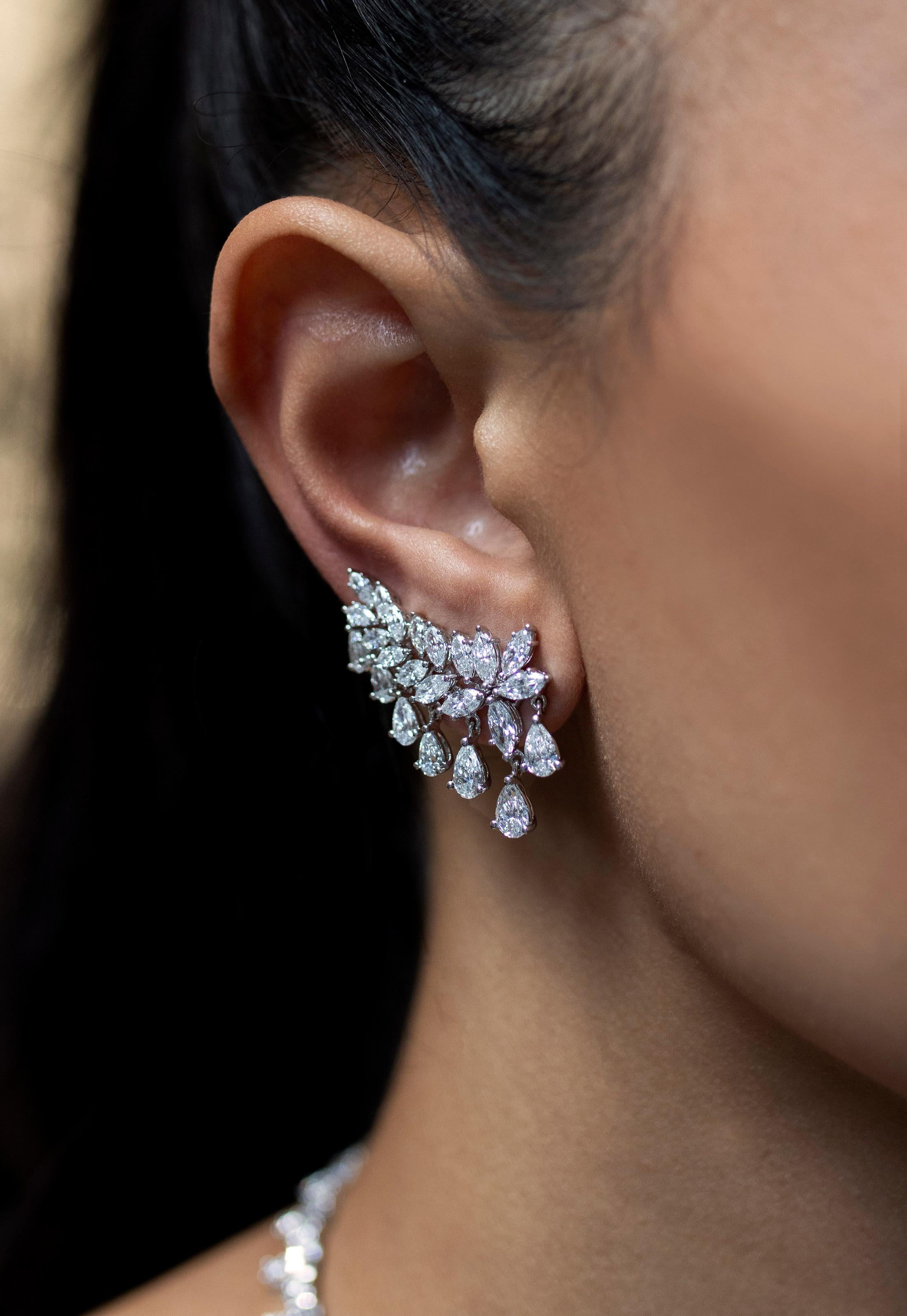 Roman Malakov 7.21 Carats Total Pear and Marquise Cut Diamond Crawler Earrings In New Condition In New York, NY