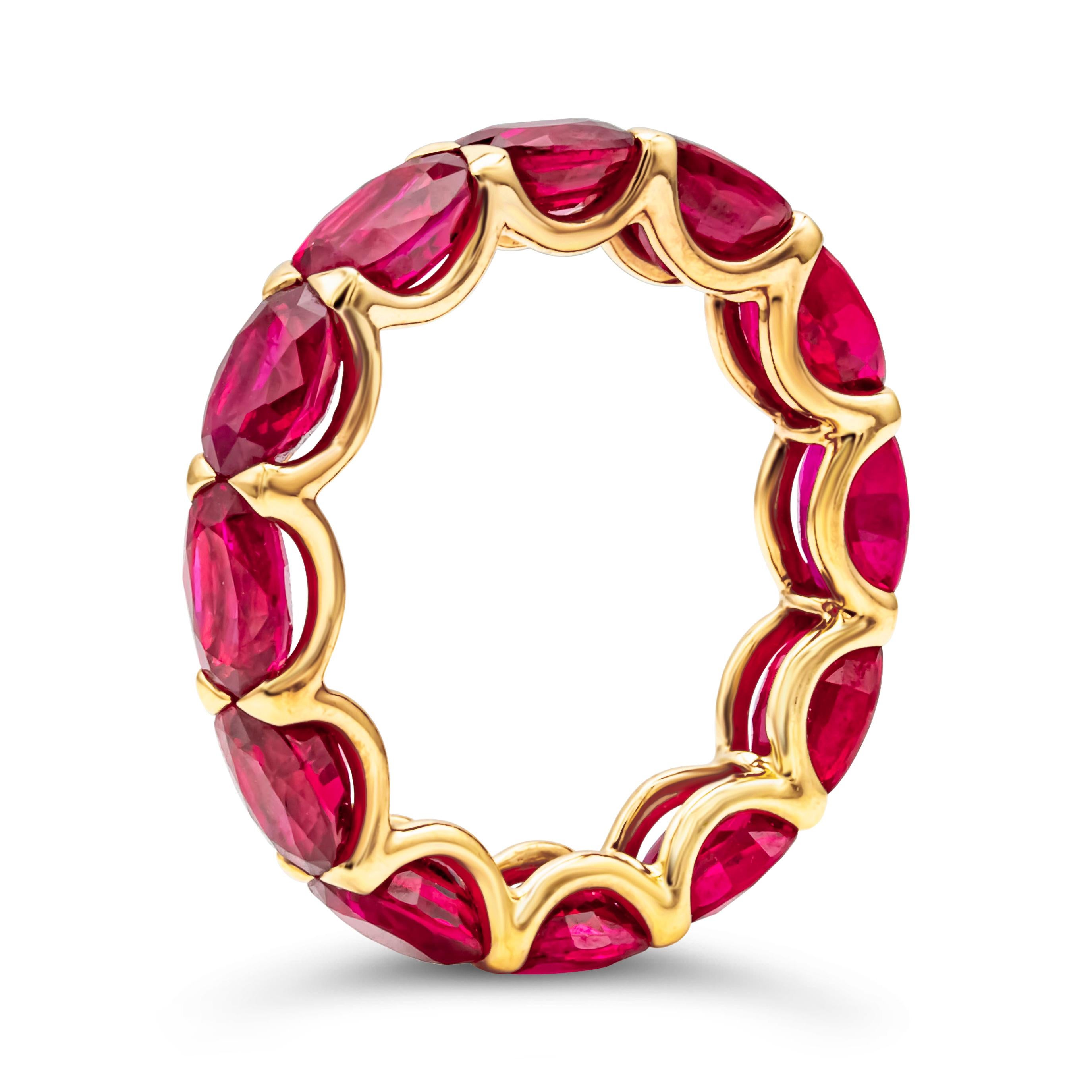 Contemporary Roman Malakov 7.43 Carats Total Oval Cut Ruby East-West Eternity Wedding Band For Sale