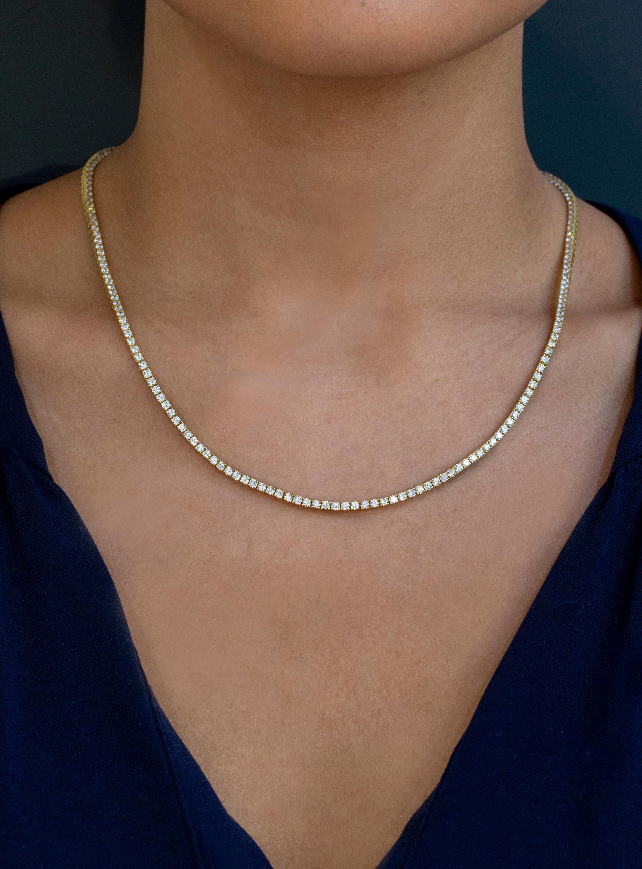 Contemporary Roman Malakov 7.52 Carat Total Round Diamond Tennis Necklace in Yellow Gold For Sale