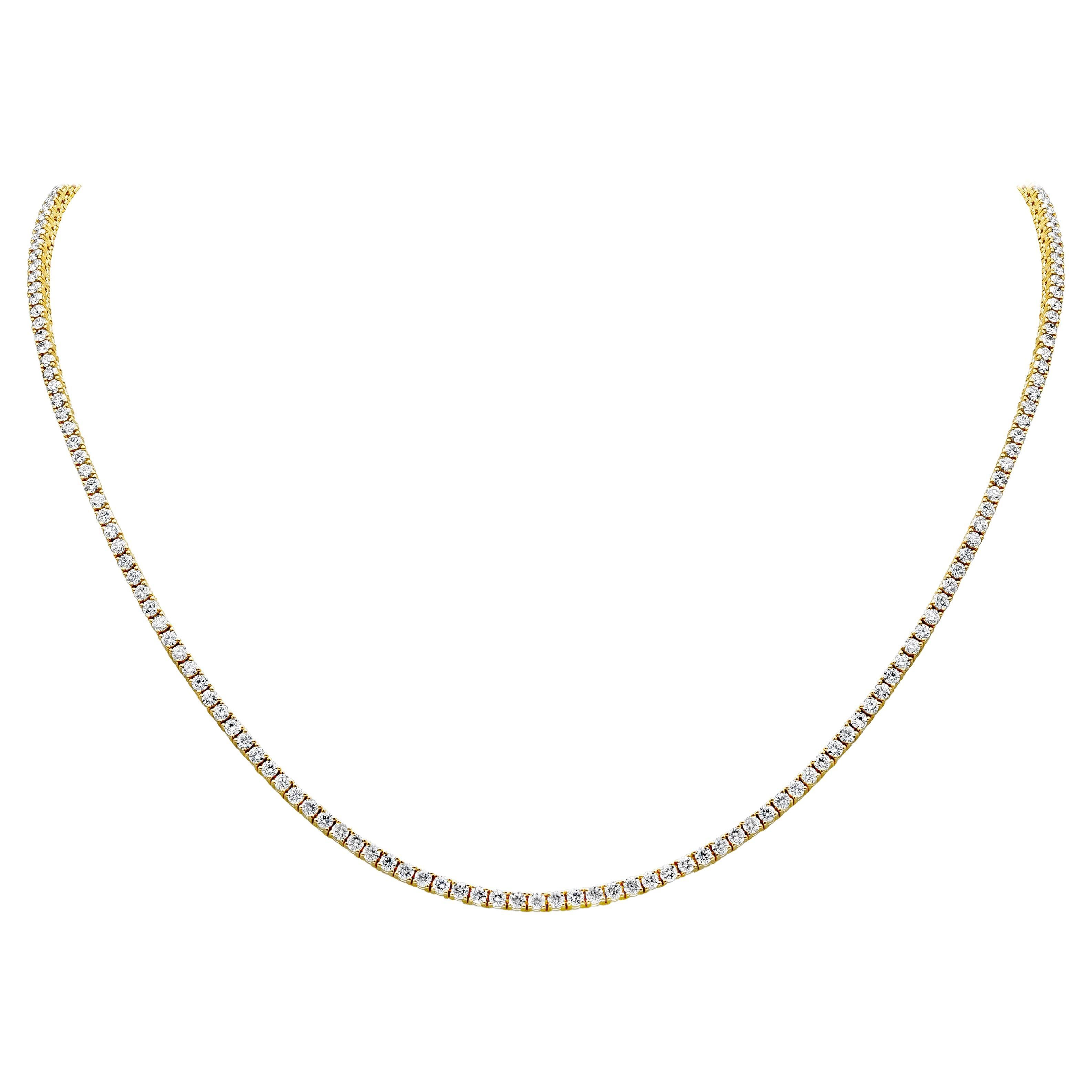 Roman Malakov 7.52 Carat Total Round Diamond Tennis Necklace in Yellow Gold For Sale