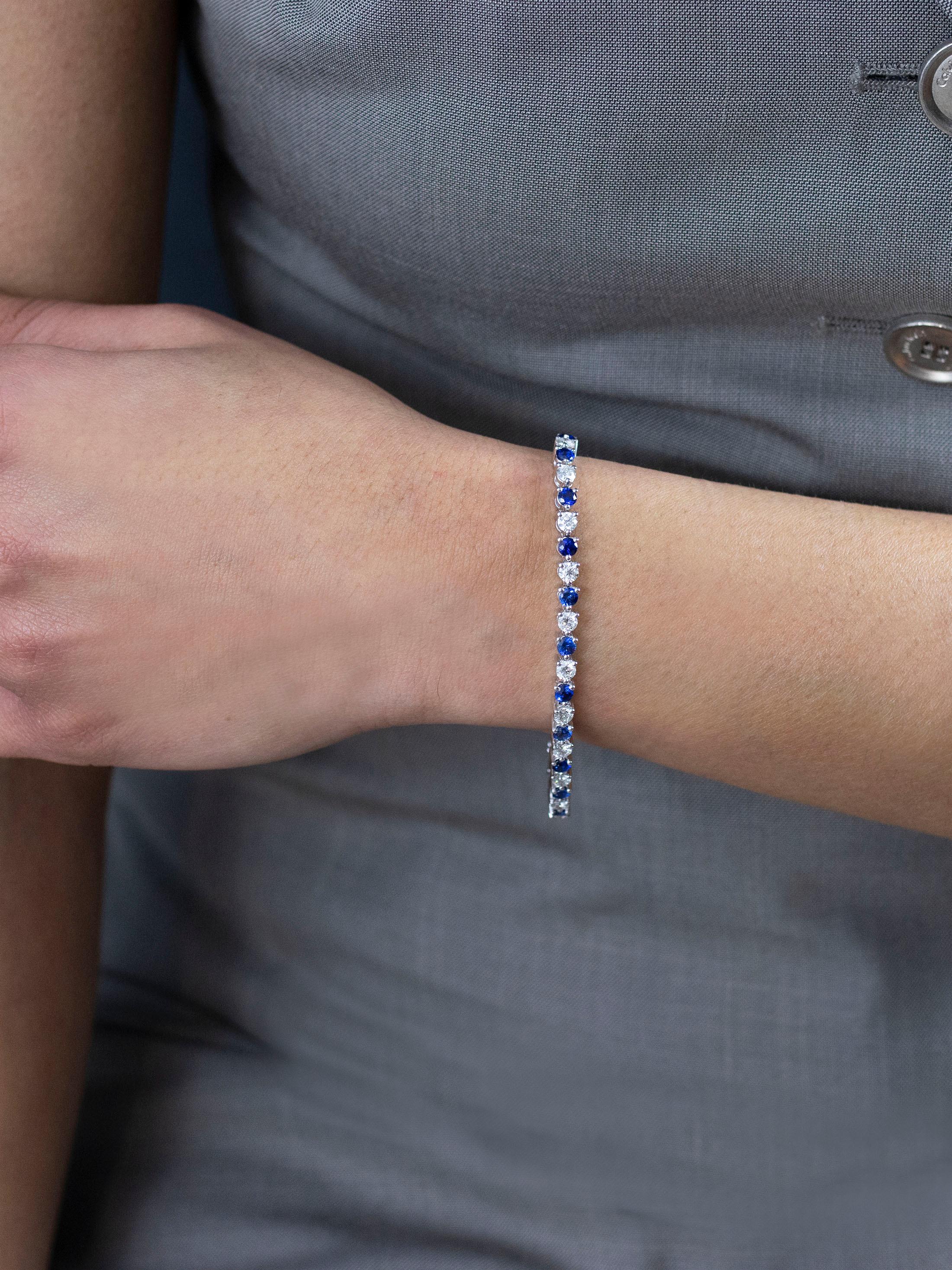 Round Cut Roman Malakov 7.54 Carats Alternating Blue Sapphire and Diamond Tennis Bracelet