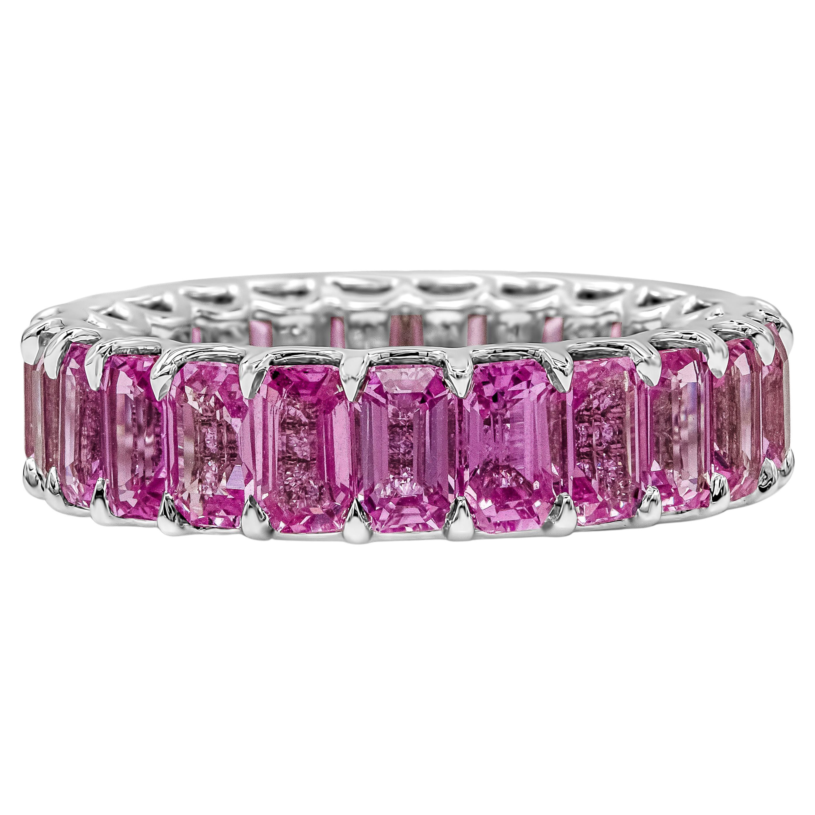 Roman Malakov 7.66 Carat Emerald Cut Pink Sapphire Eternity Wedding Band Ring For Sale