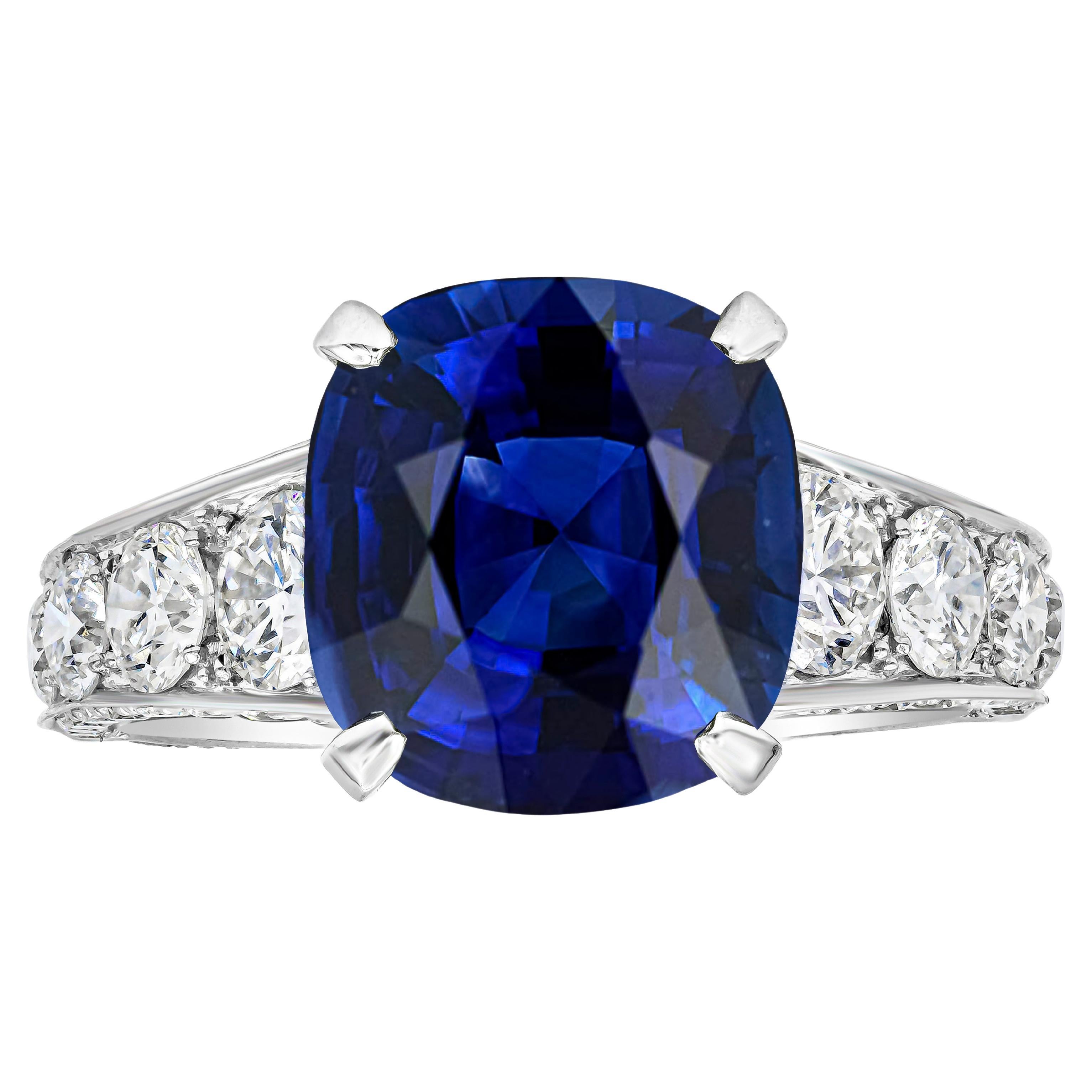 Roman Malakov 7.66 Carats Cushion Cut Blue Sapphire and Diamond Engagement Ring For Sale