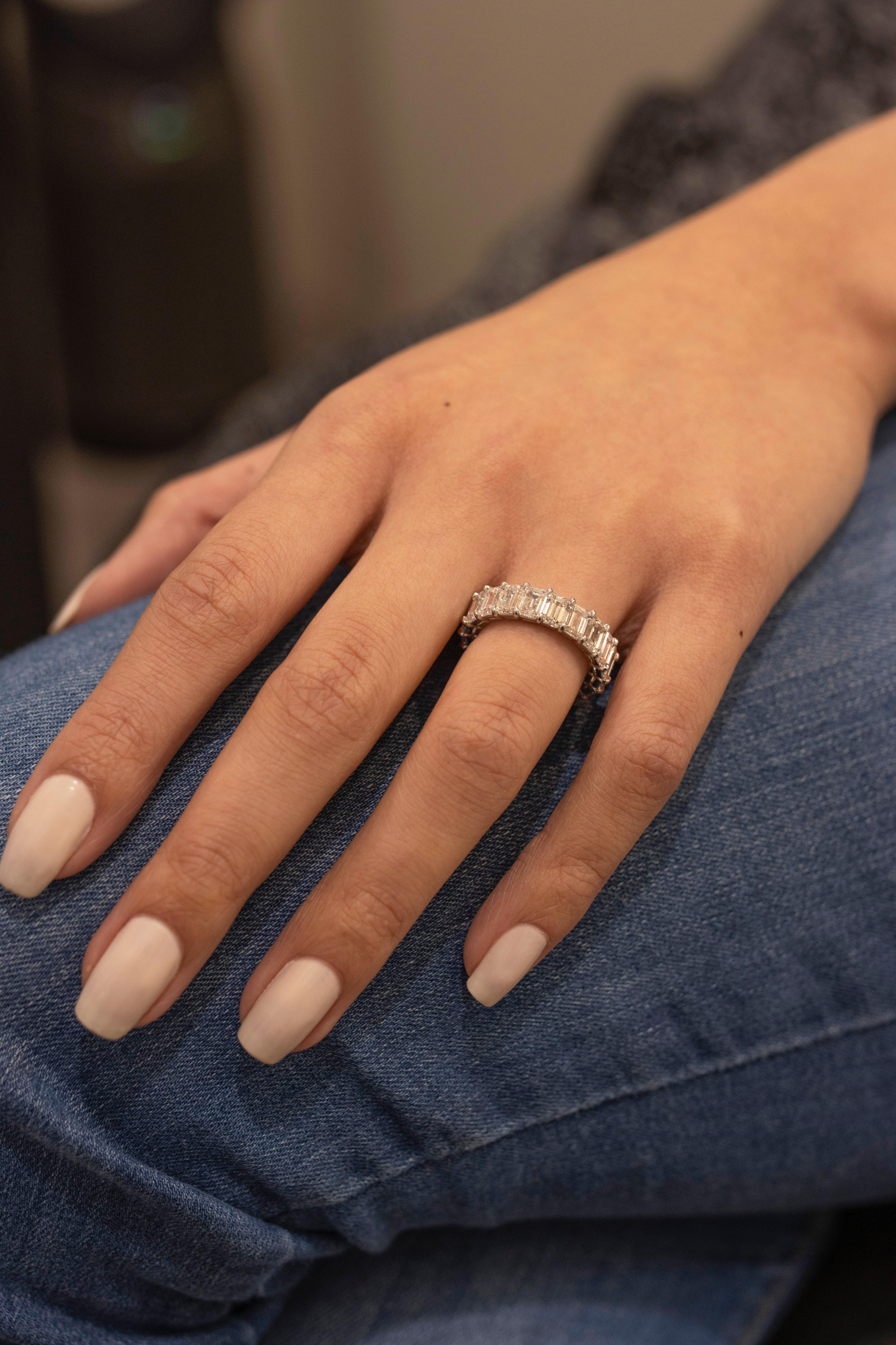 Women's Roman Malakov 7.98 Carat Total Emerald Cut Diamond Eternity Wedding Band Ring For Sale