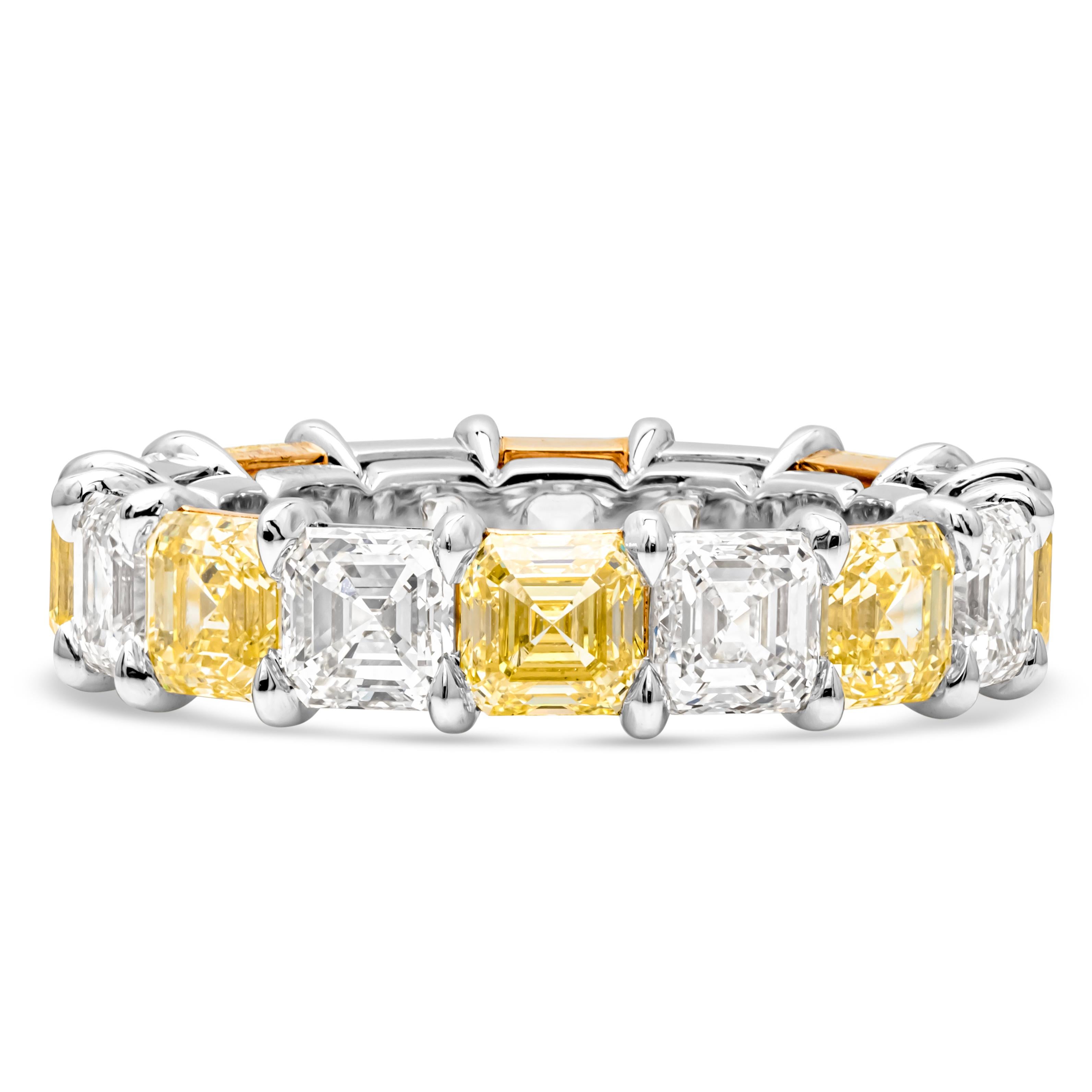 This wedding band features 8 Fancy Yellow and 8 White Asscher Cut Diamonds alternating. Yellow Diamonds weigh 4.31 carats and White diamonds weight 3.69 carats total and F in  color and VS in Clarity. Set in 18K Yellow Gold and Platinum Size 6