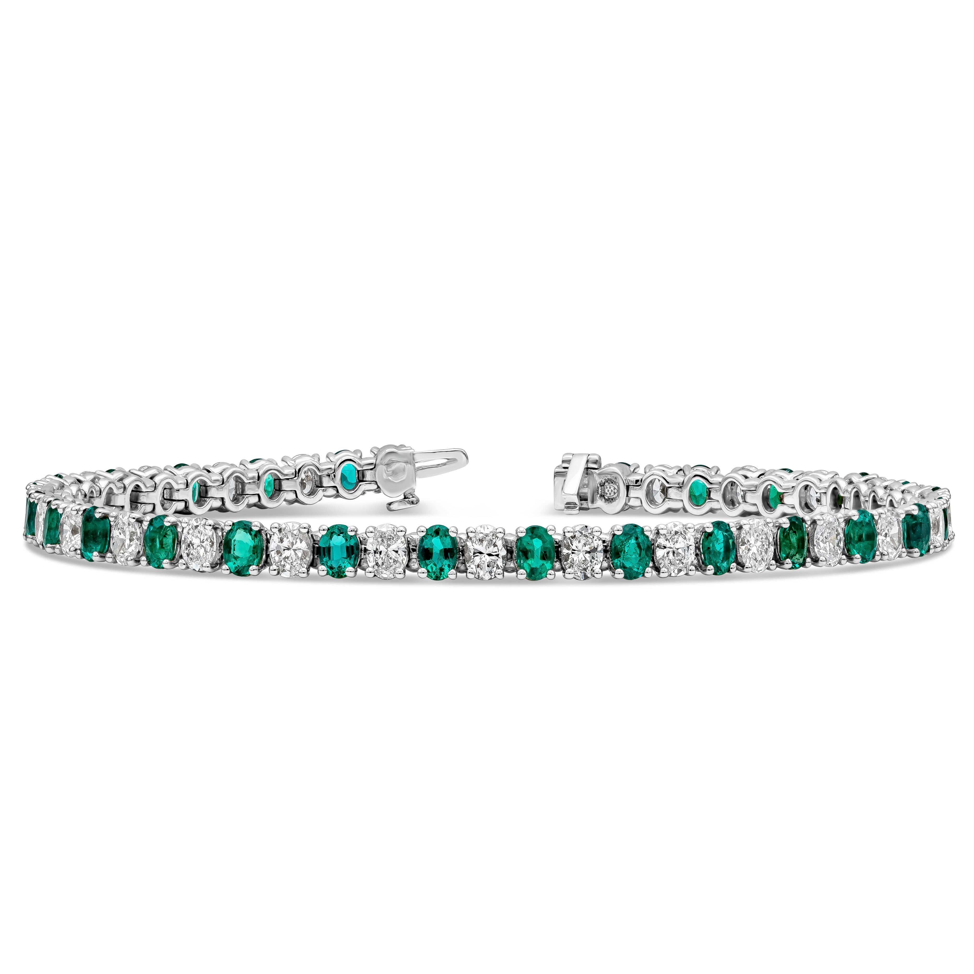 Showcasing a magnificent 26 pieces oval cut green emerald weighing 4.12 carats total, elegantly alternating with 3.88 carats of oval cut diamonds in F color and VS-SI1 in Clarity. Made in 18K White Gold and 7 inches in Length.

Style available in
