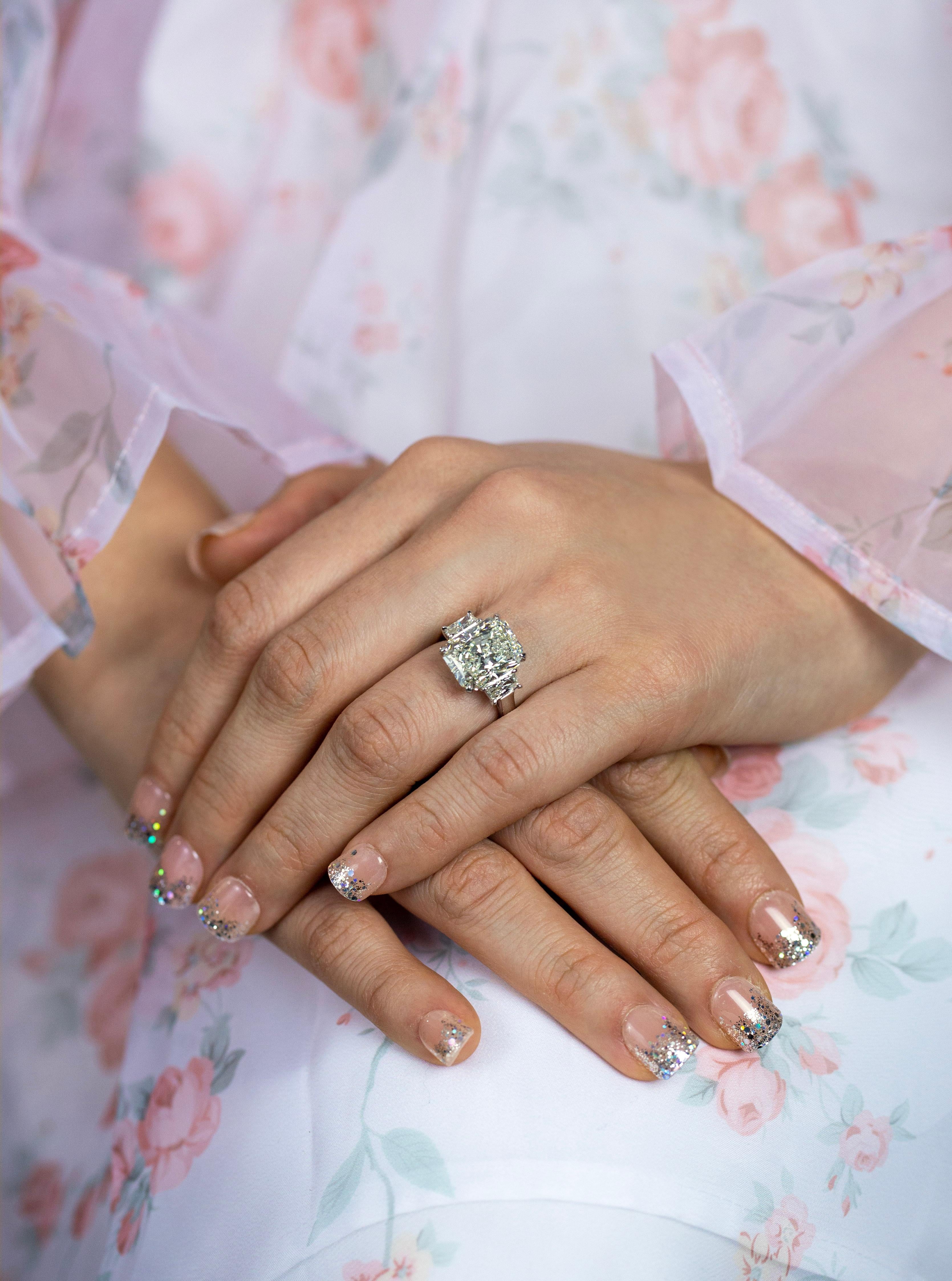 Women's Roman Malakov 8.01 Carat Radiant Cut Diamond Three-Stone Engagement Ring For Sale