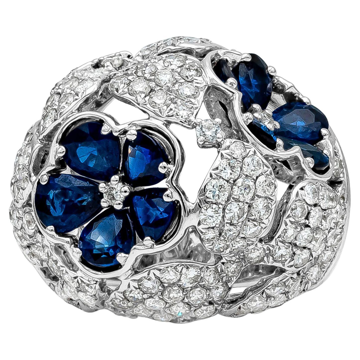 Roman Malakov Anillo de moda floral de zafiro azul y diamantes, 8,11 quilates totales