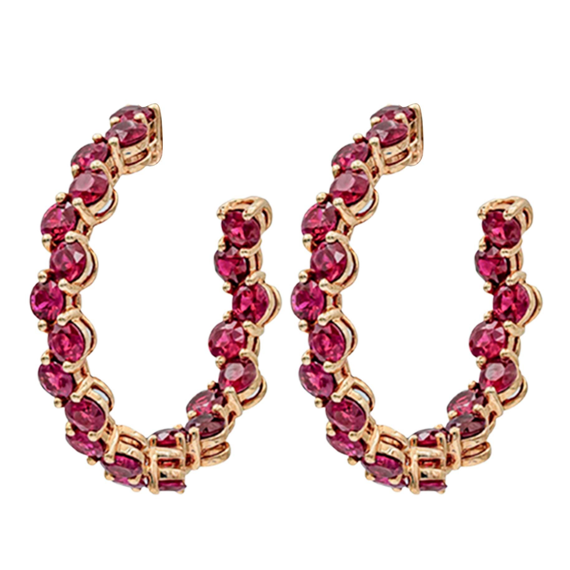 Contemporary Roman Malakov 8.11 Carats Total Brilliant Round Ruby Wave Design Hoop Earrings For Sale