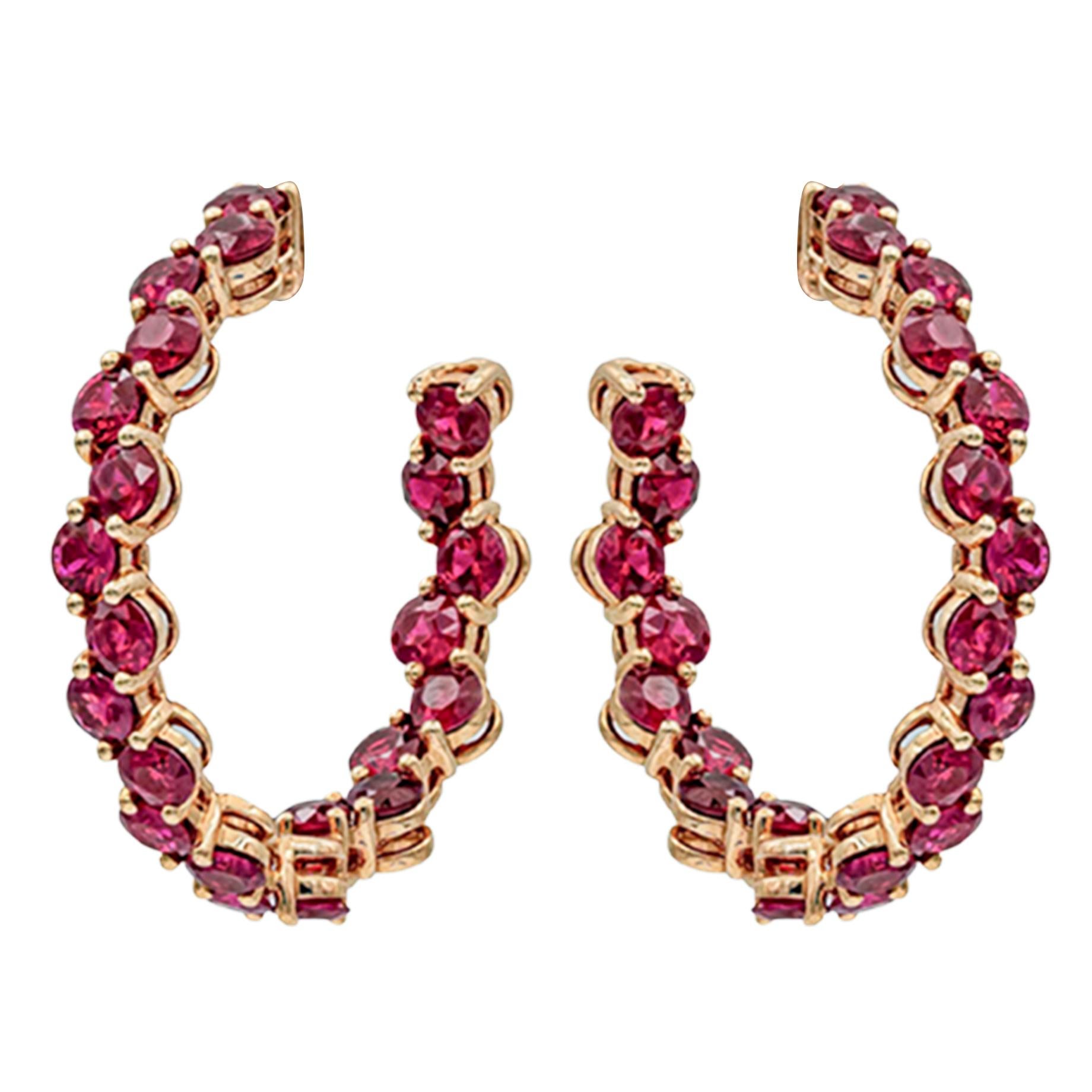 Round Cut Roman Malakov 8.11 Carats Total Brilliant Round Ruby Wave Design Hoop Earrings For Sale