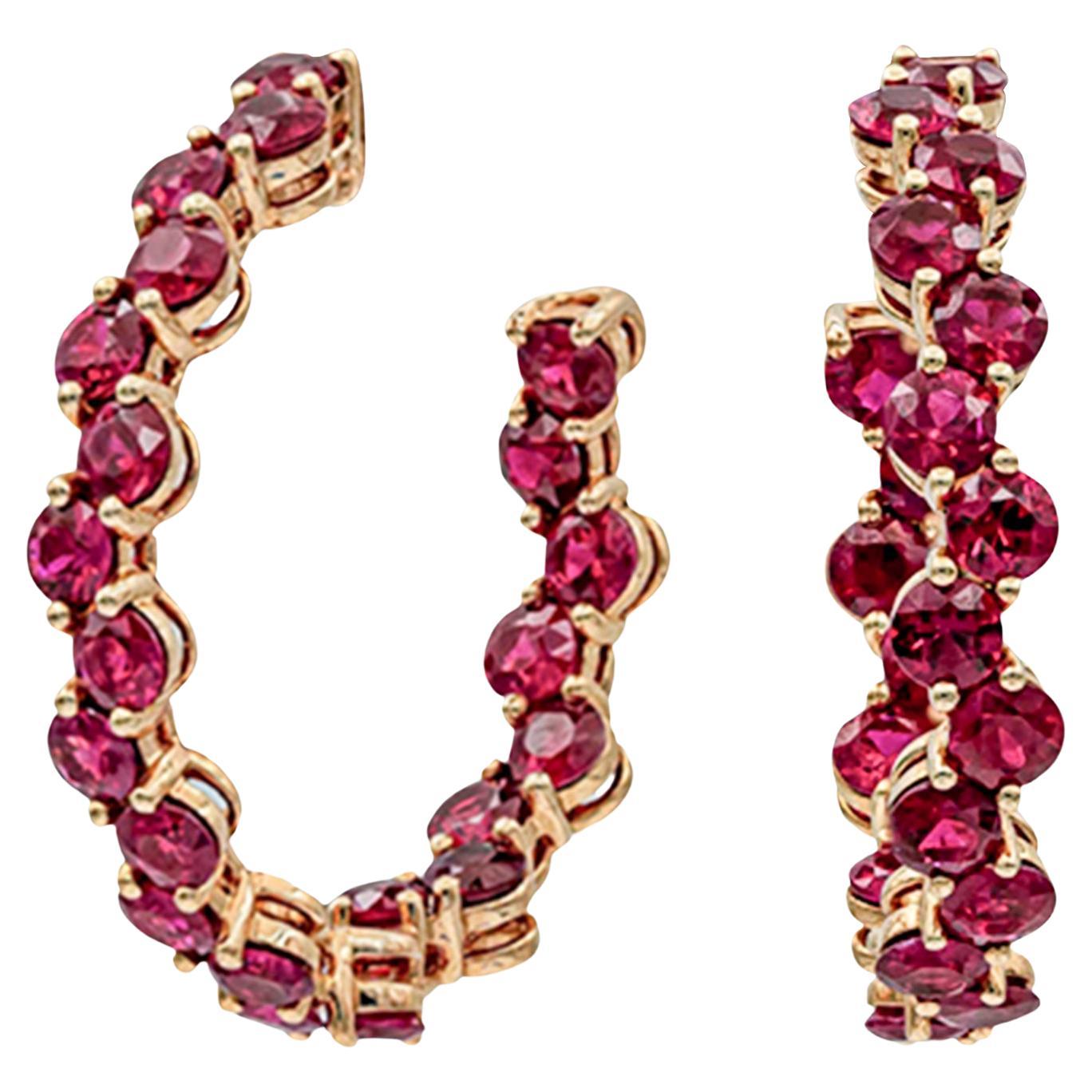 Roman Malakov 8.11 Carats Total Brilliant Round Ruby Wave Design Hoop Earrings For Sale
