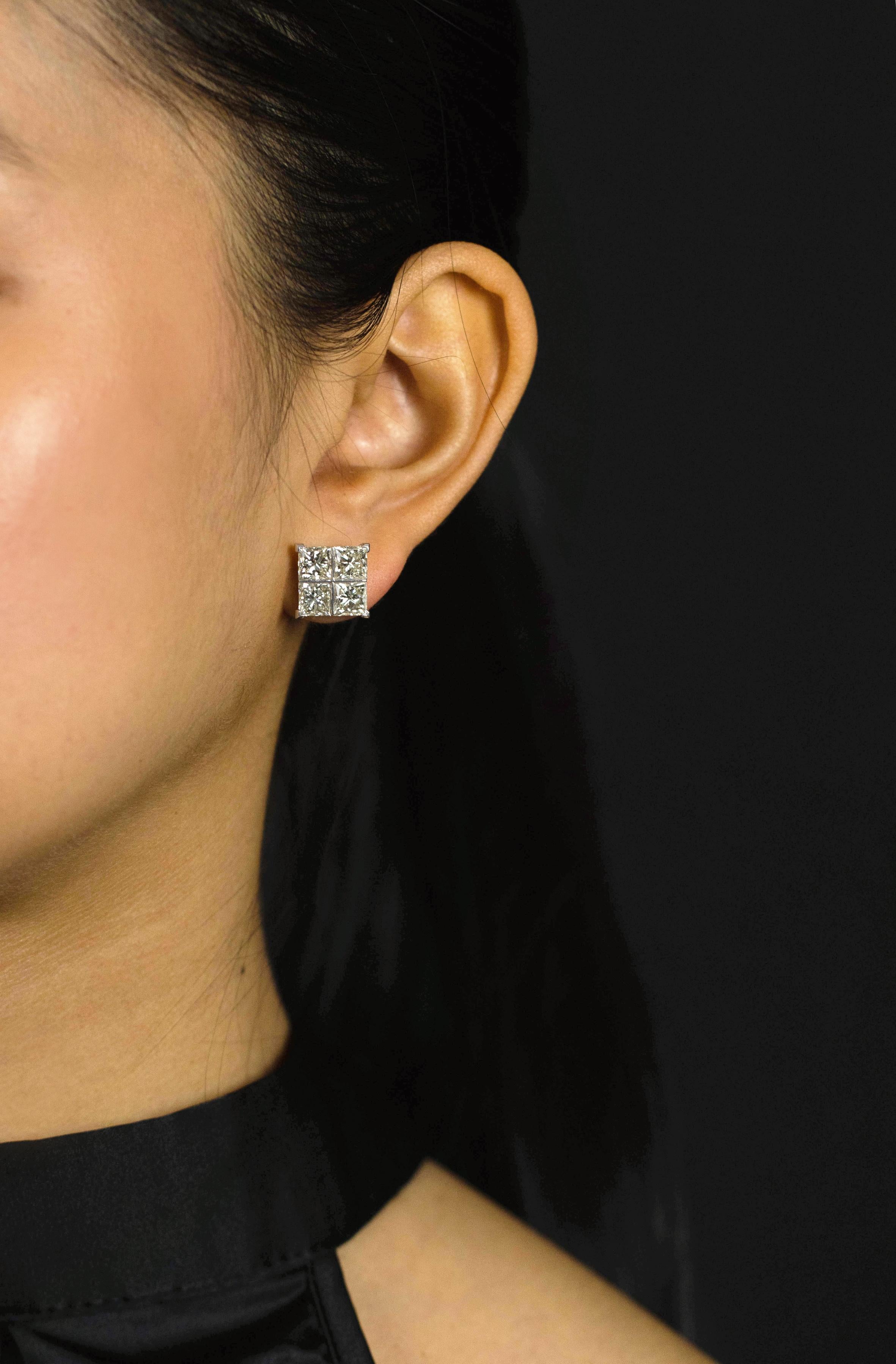 Modern Roman Malakov 8.17 Carats Total Princess Cut Diamond Cluster Stud Earrings For Sale