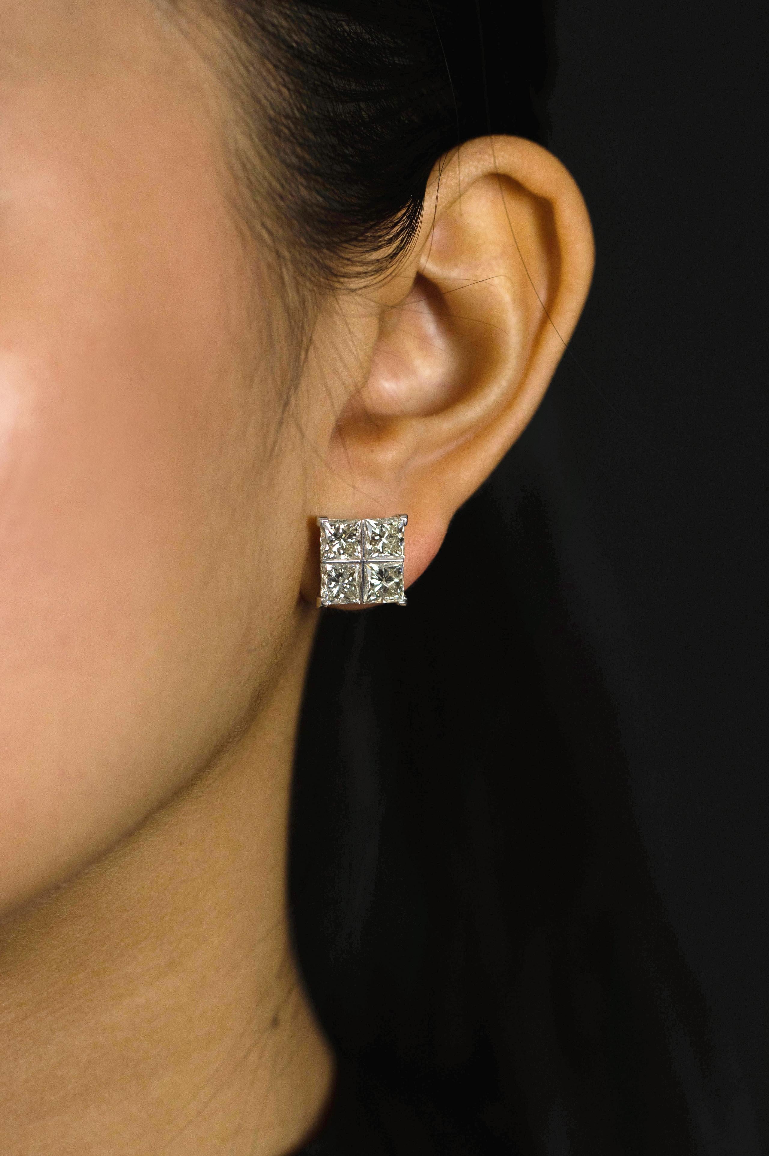 Roman Malakov 8.17 Carats Total Princess Cut Diamond Cluster Stud Earrings In New Condition For Sale In New York, NY