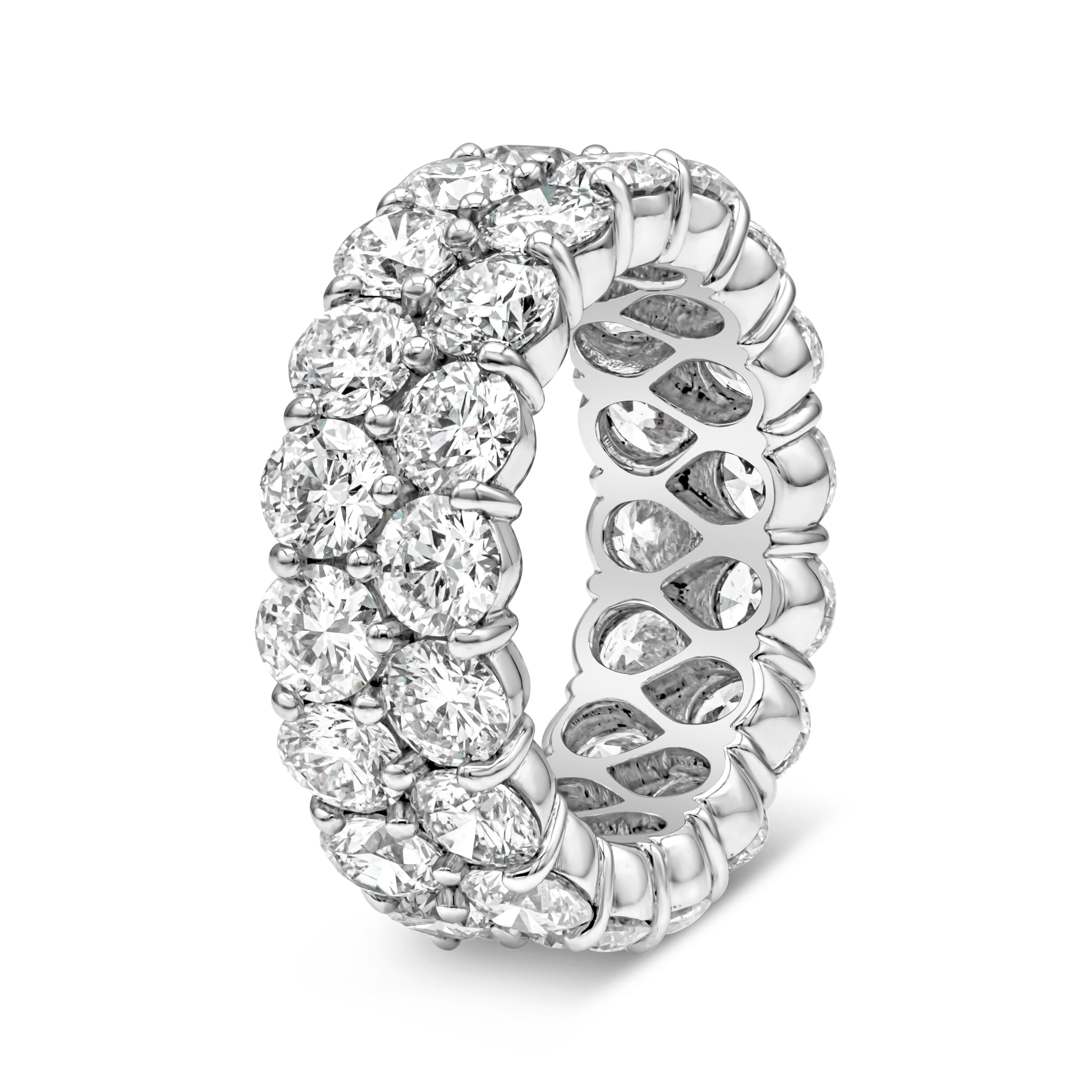 Gorgeous eternity wedding band set with two rows of brilliant round diamonds in a double shared prong setting. Perfectly matched round diamonds weighing 8.39 carats total, F Color and SI in Clarity. Made with Platinum, Size 6.5 US resizable upon