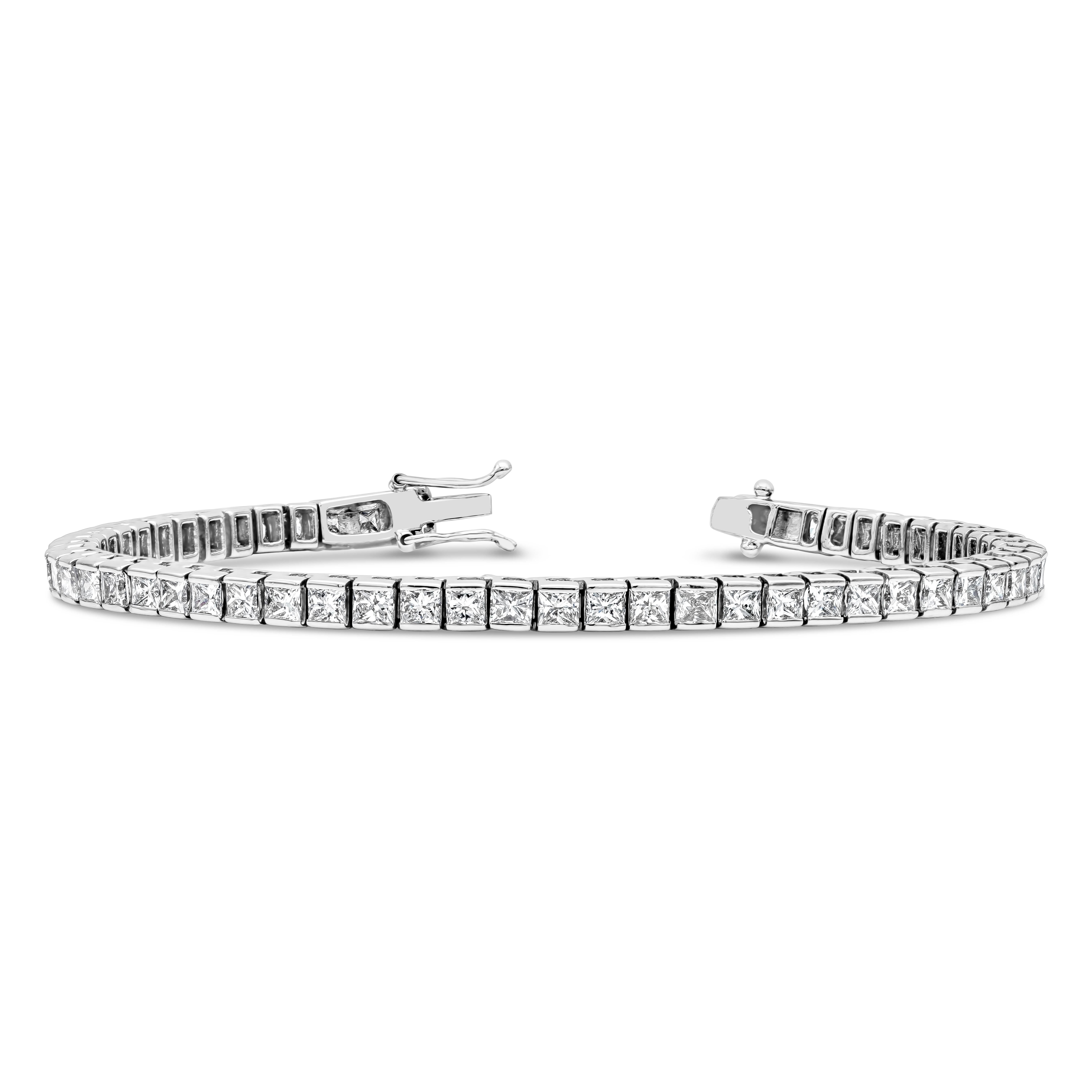 A classic tennis bracelet style showcasing 56 princess cut diamonds weighing 8.42 carats total, F color and VS in clarity. Made with 18K White Gold. 7 inches in Length.