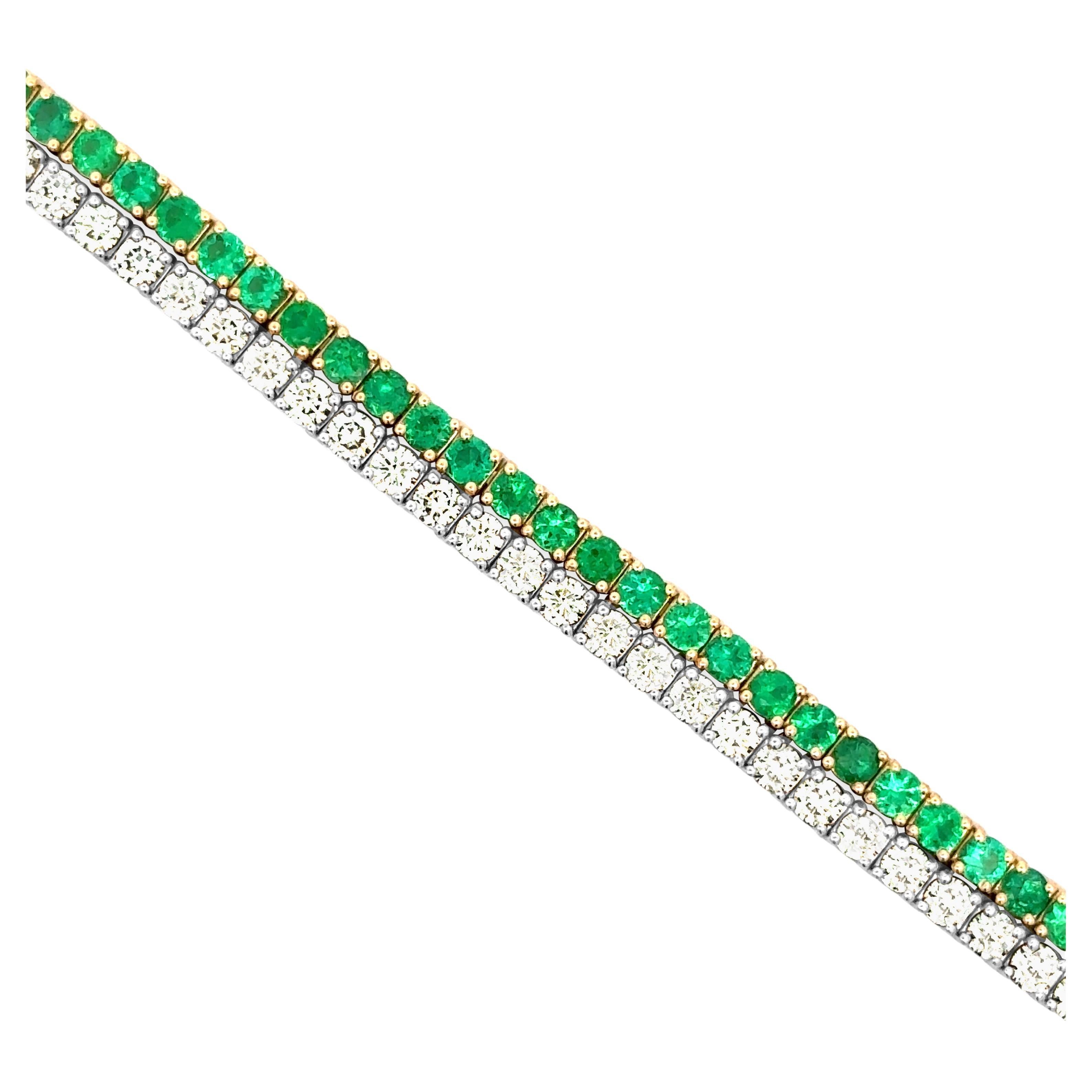 A stunning two row tennis bracelet, featuring 59 diamonds weighing 4.53 carats total with F color and VS clarity and 59 emeralds weighing 4.00 carats total. Each round brilliant cut stone is set on a classic four prong setting. Finely made with 18K