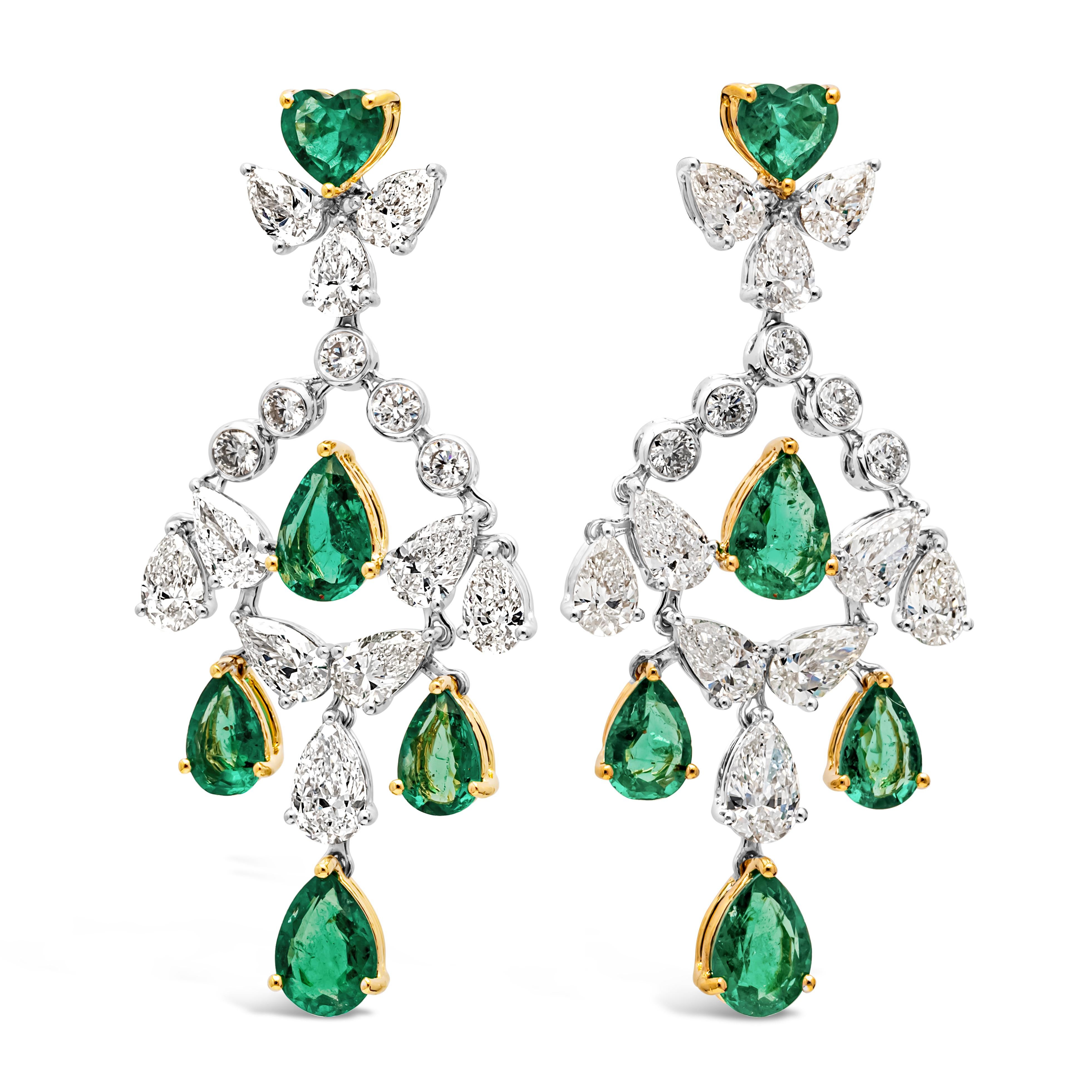 Contemporary Roman Malakov 8.56 Carats Total Mixed Cut Diamond & Emerald Chandelier Earrings For Sale