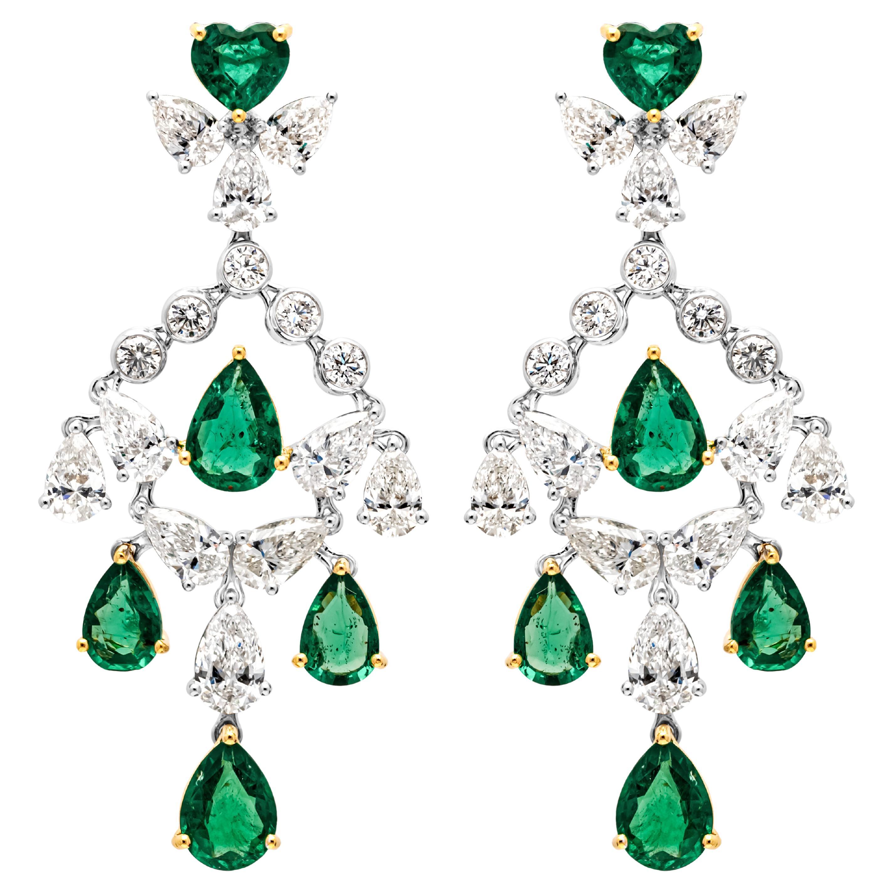 Roman Malakov 8.56 Carats Total Mixed Cut Diamond & Emerald Chandelier Earrings