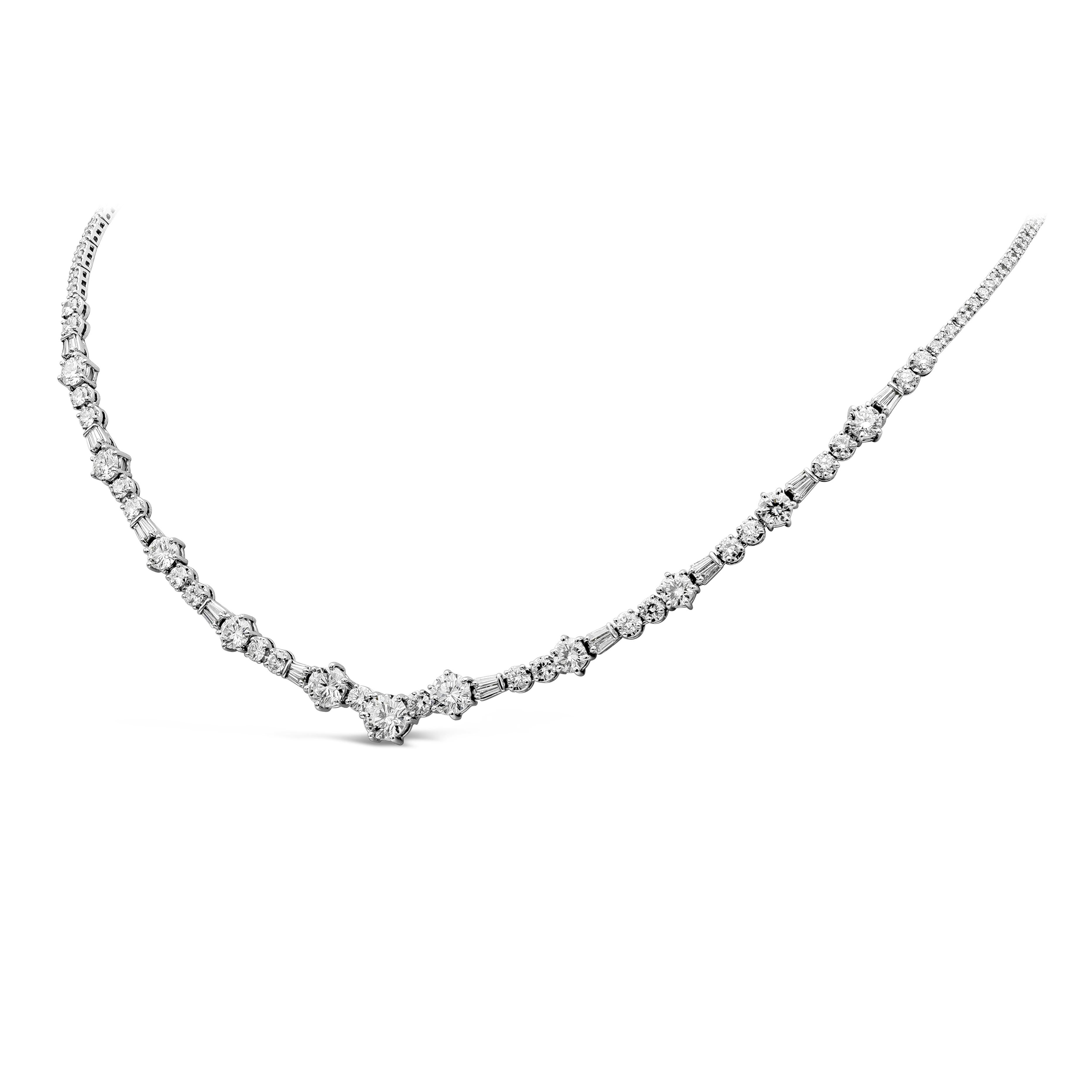 This sophisticated elegant tennis necklace showcases a row of 179 pieces of brilliant round diamonds weighing 7.21 carats, and 20 pieces of beautifully set baguette diamonds weighing approximately 1.50 carats. Set in 18k White Gold. 

Roman Malakov