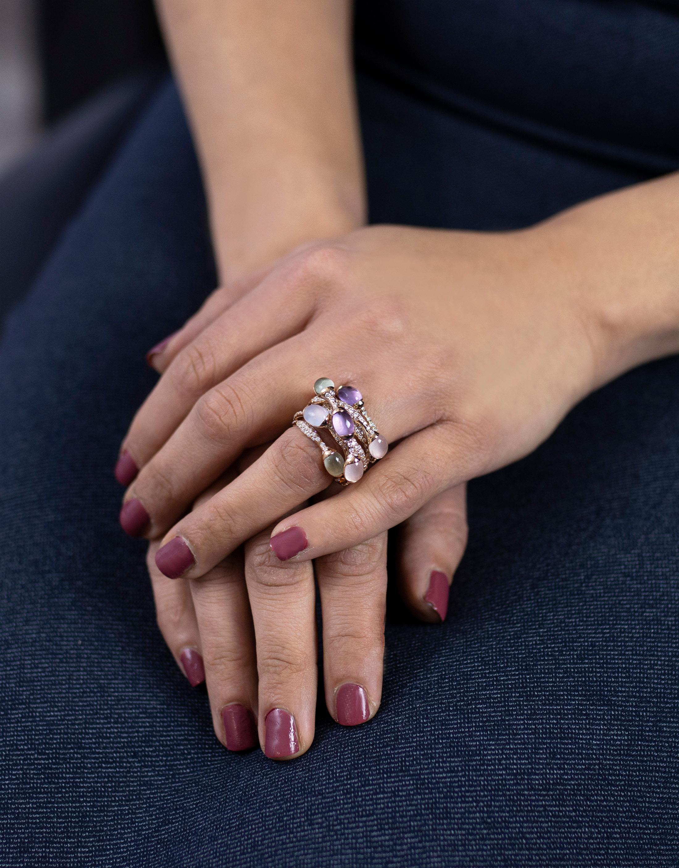 Women's Roman Malakov 8.76 Carats Total Multicolor Cabochon Intertwined Fashion Ring For Sale
