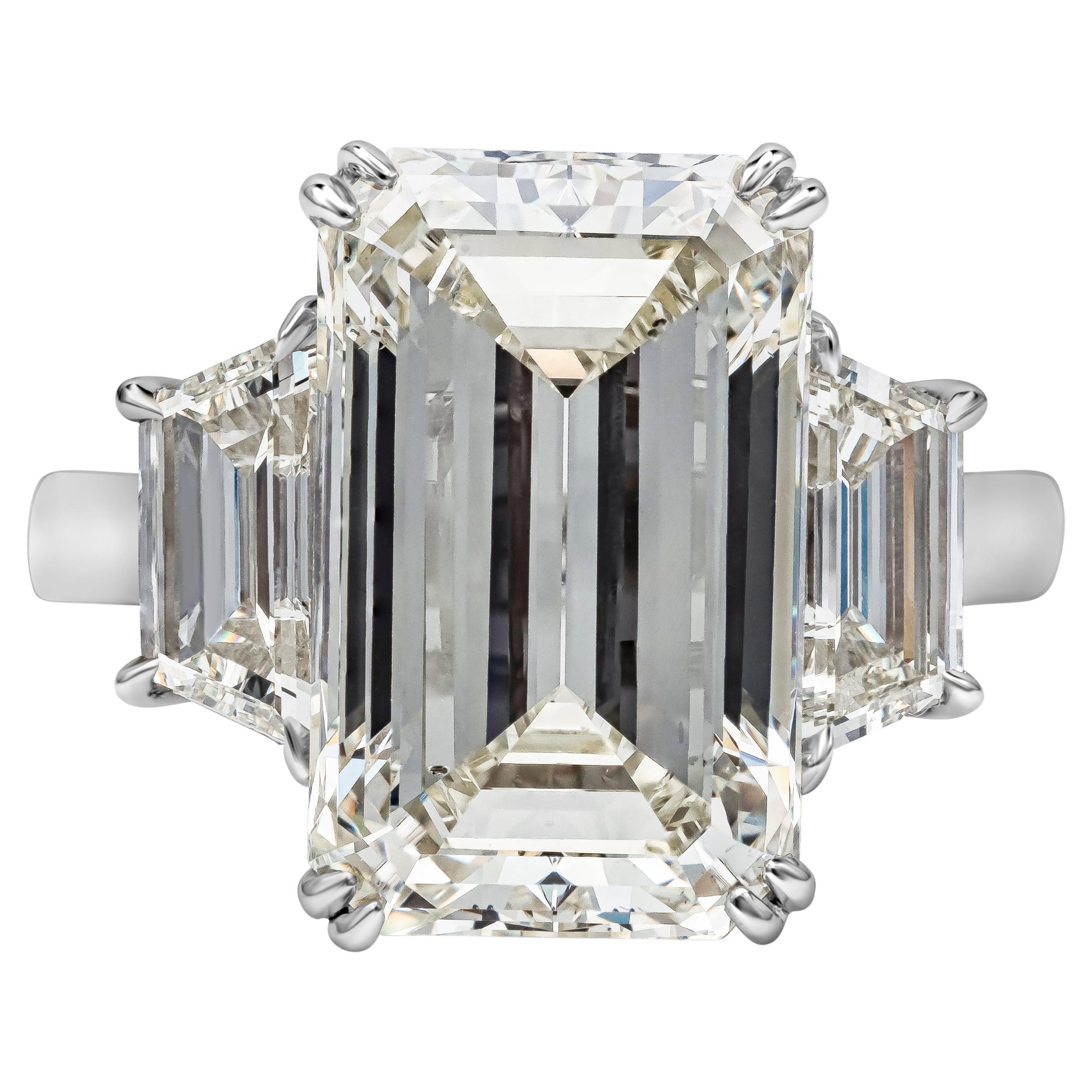 GIA Certified 8.96 Carat Emerald Cut Diamond Three-Stone Engagement Ring For Sale