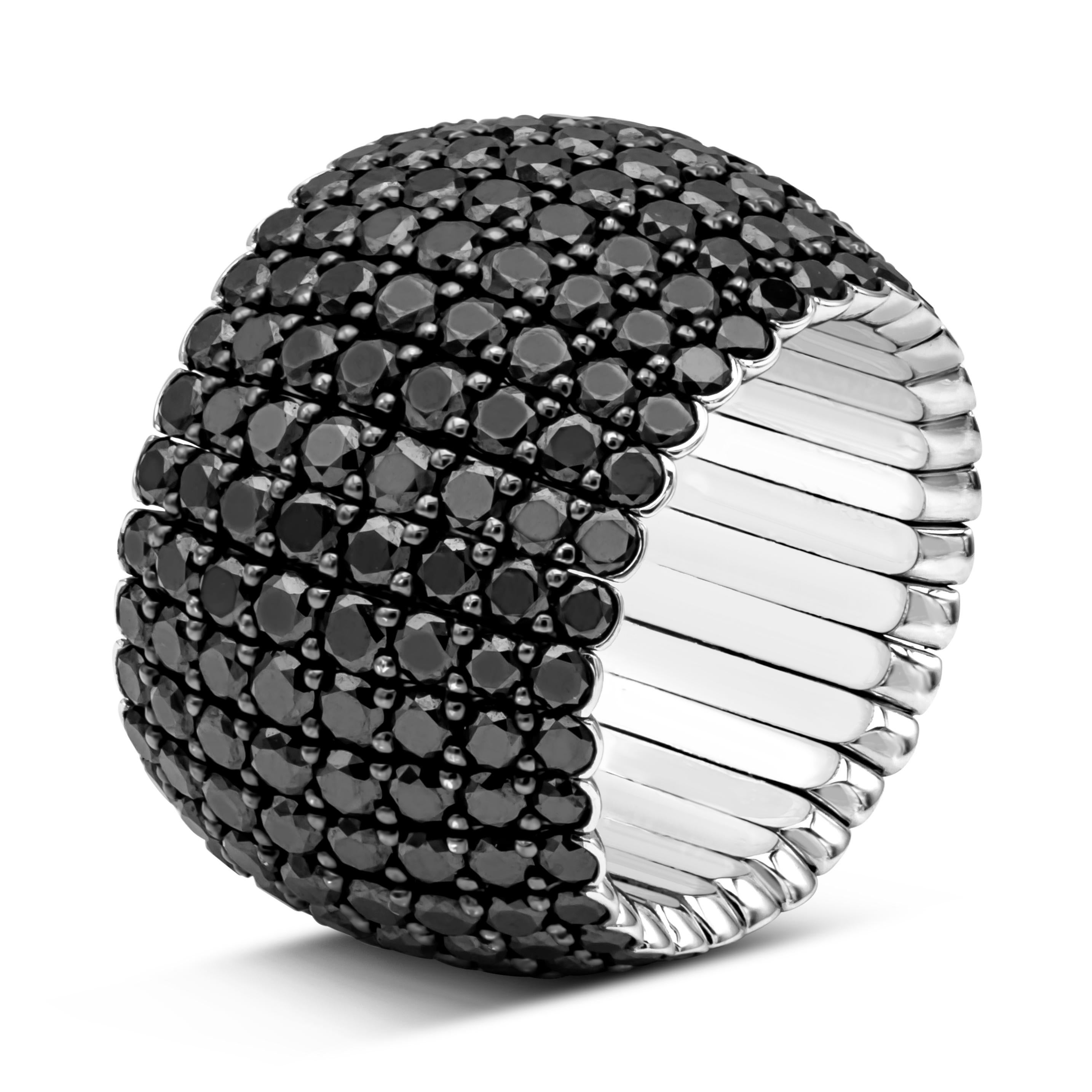 Contemporary Roman Malakov 9.09 Carats Total Round Black Diamond Flexible Pave Fashion Ring For Sale