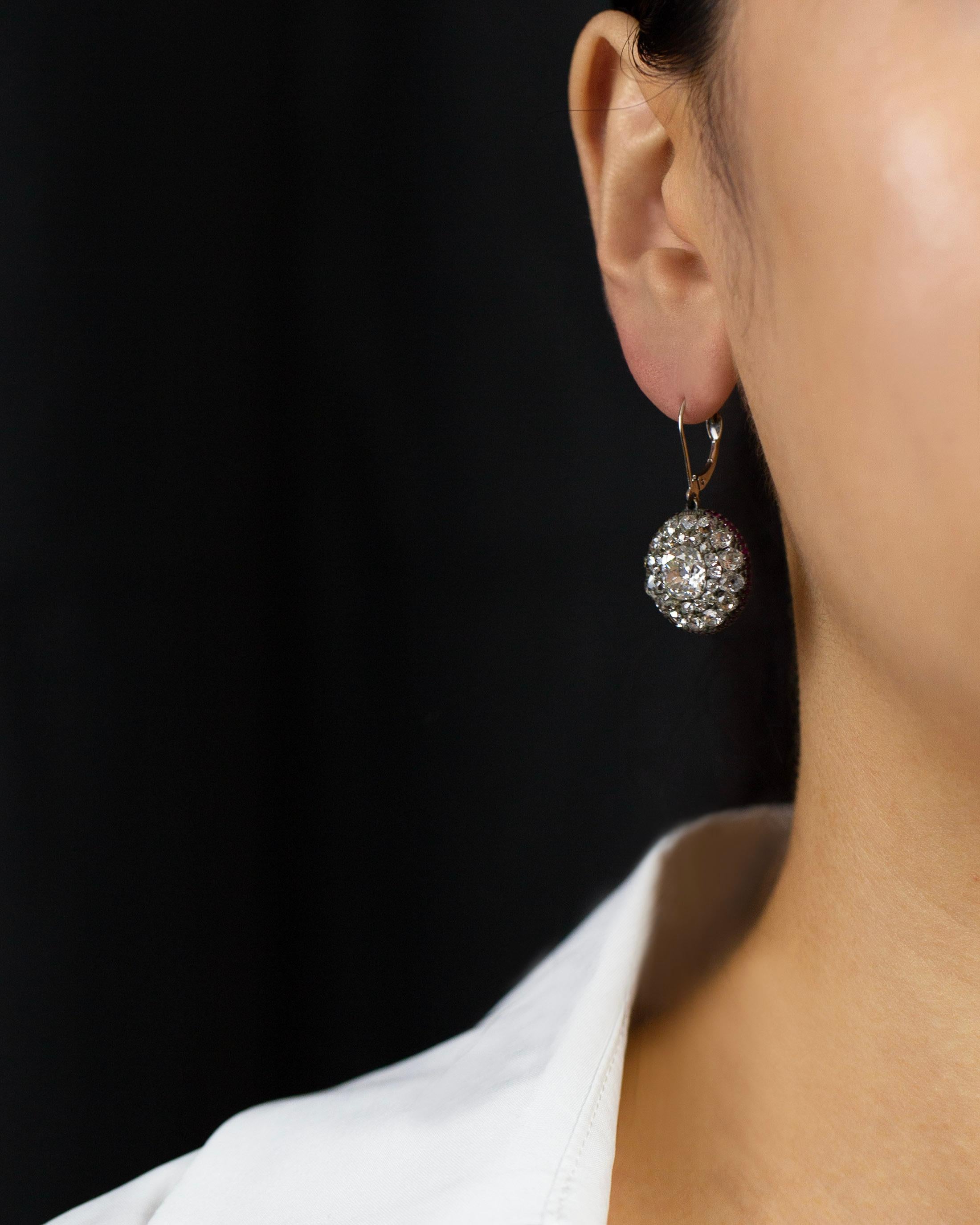 Roman Malakov Antique 9.54 Carat Old Mine Cut Diamond & Ruby Dangle Earrings For Sale 1