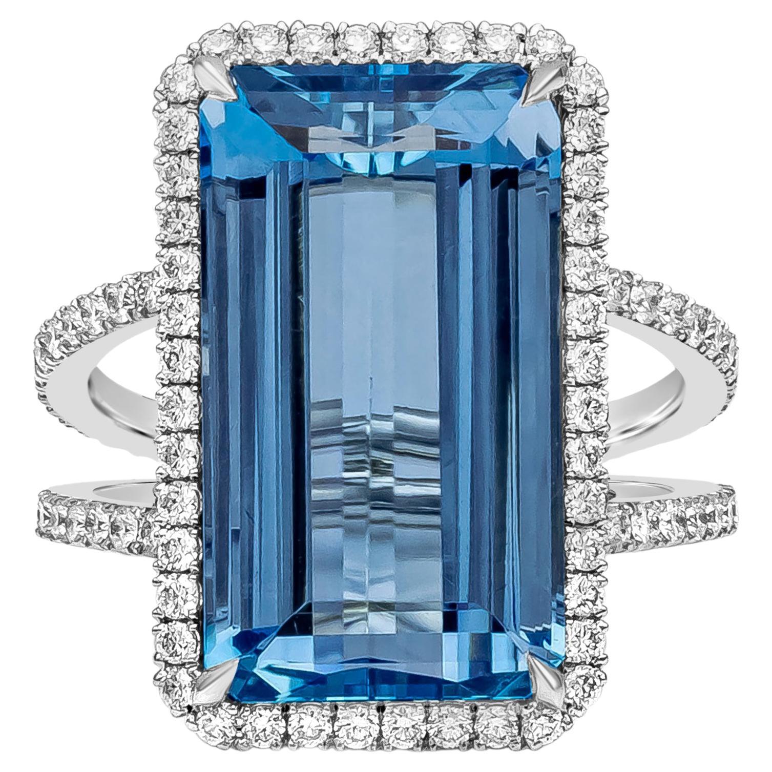 Roman Malakov 9.17 Carats Elongated Emerald Cut Aquamarine Gemstone Fashion Ring For Sale