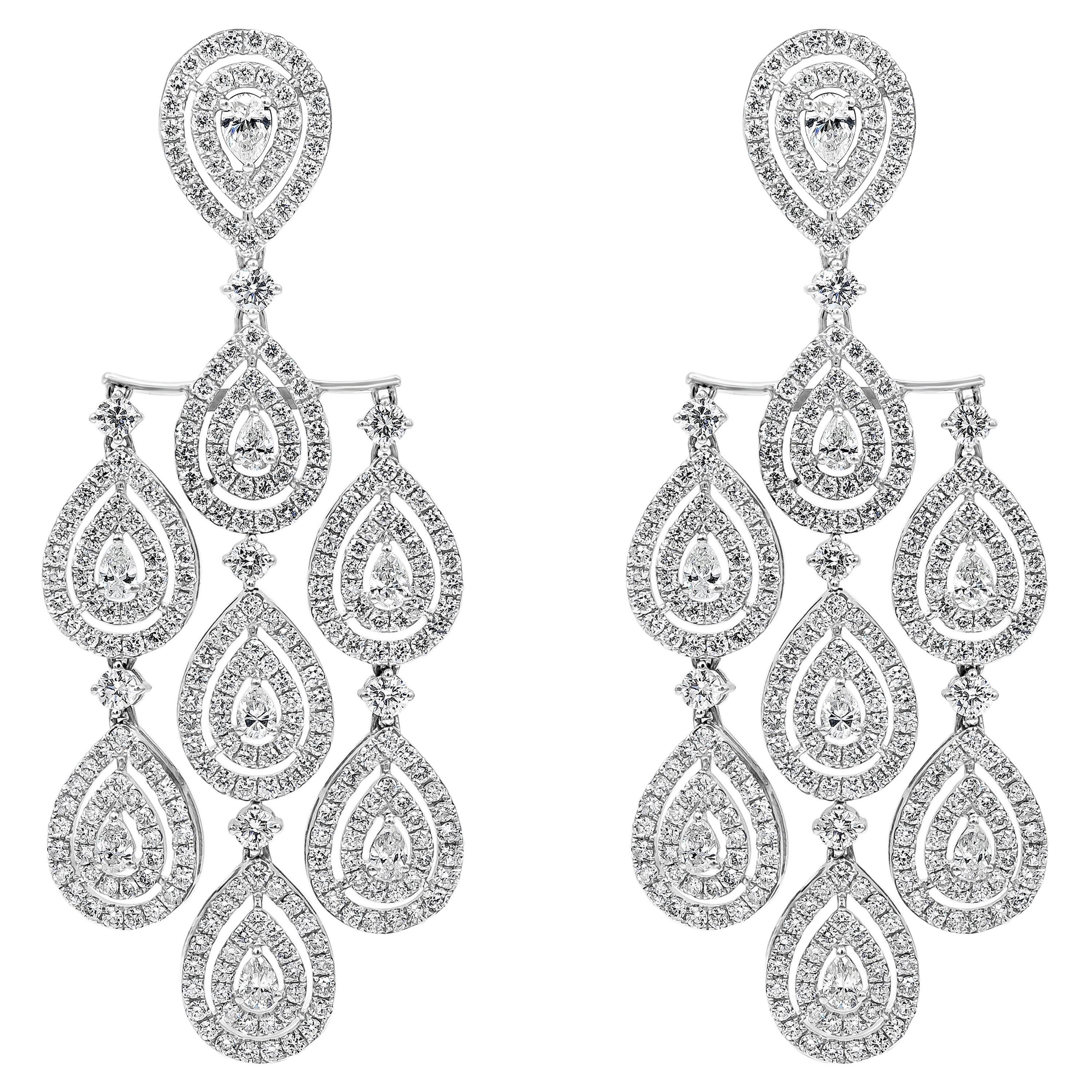Roman Malakov 9.25 Carat Total Pear Shape Diamond Halo Chandelier Earrings