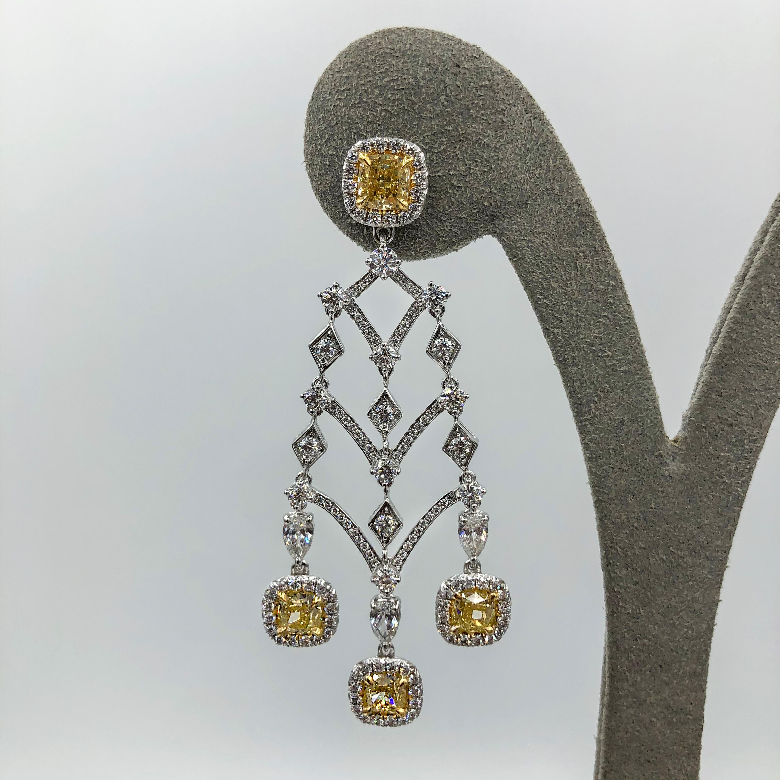 Contemporary Roman Malakov 4.98 Carats Eight Cushion Cut Yellow Diamond Chandelier Earrings For Sale