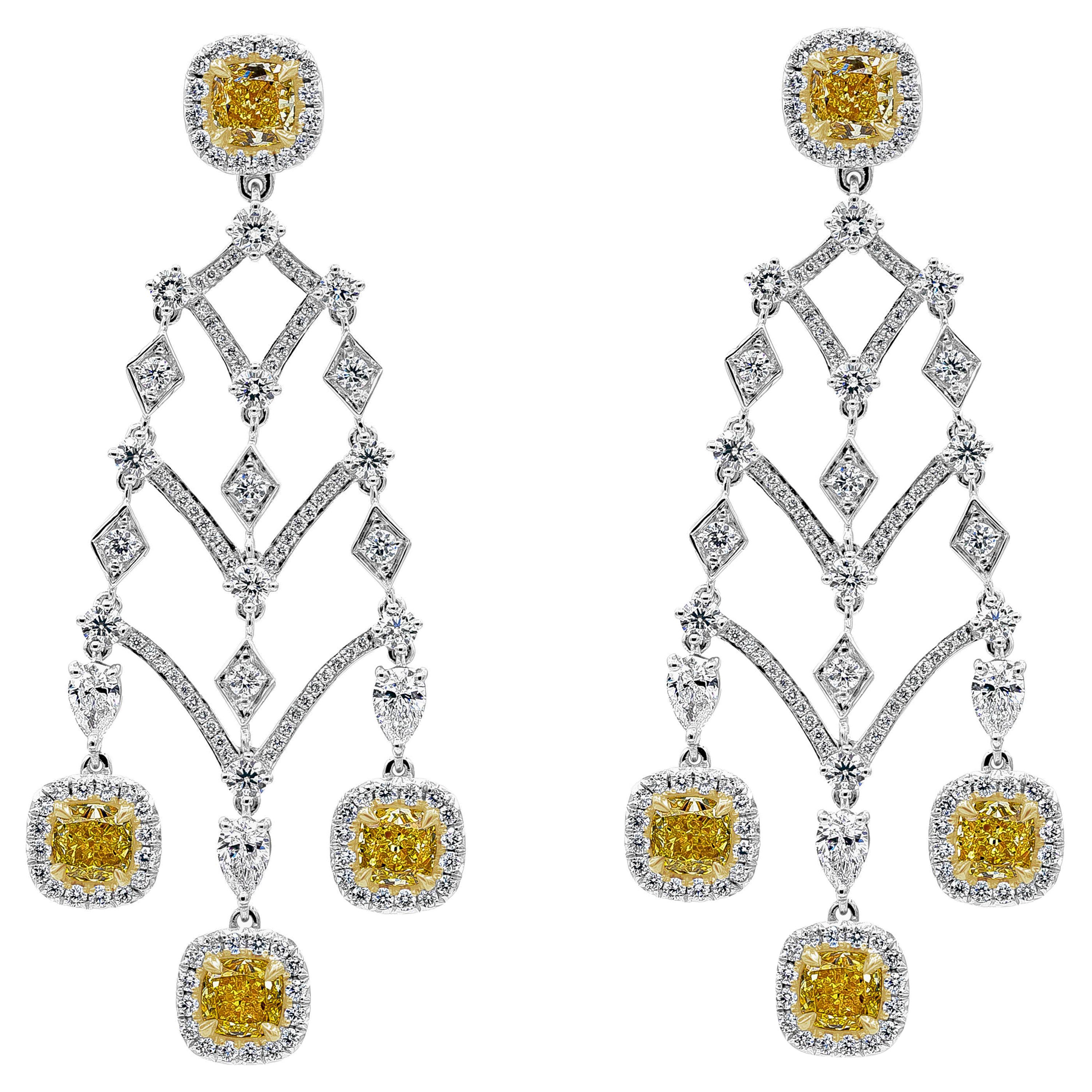 Roman Malakov 4.98 Carats Eight Cushion Cut Yellow Diamond Chandelier Earrings For Sale