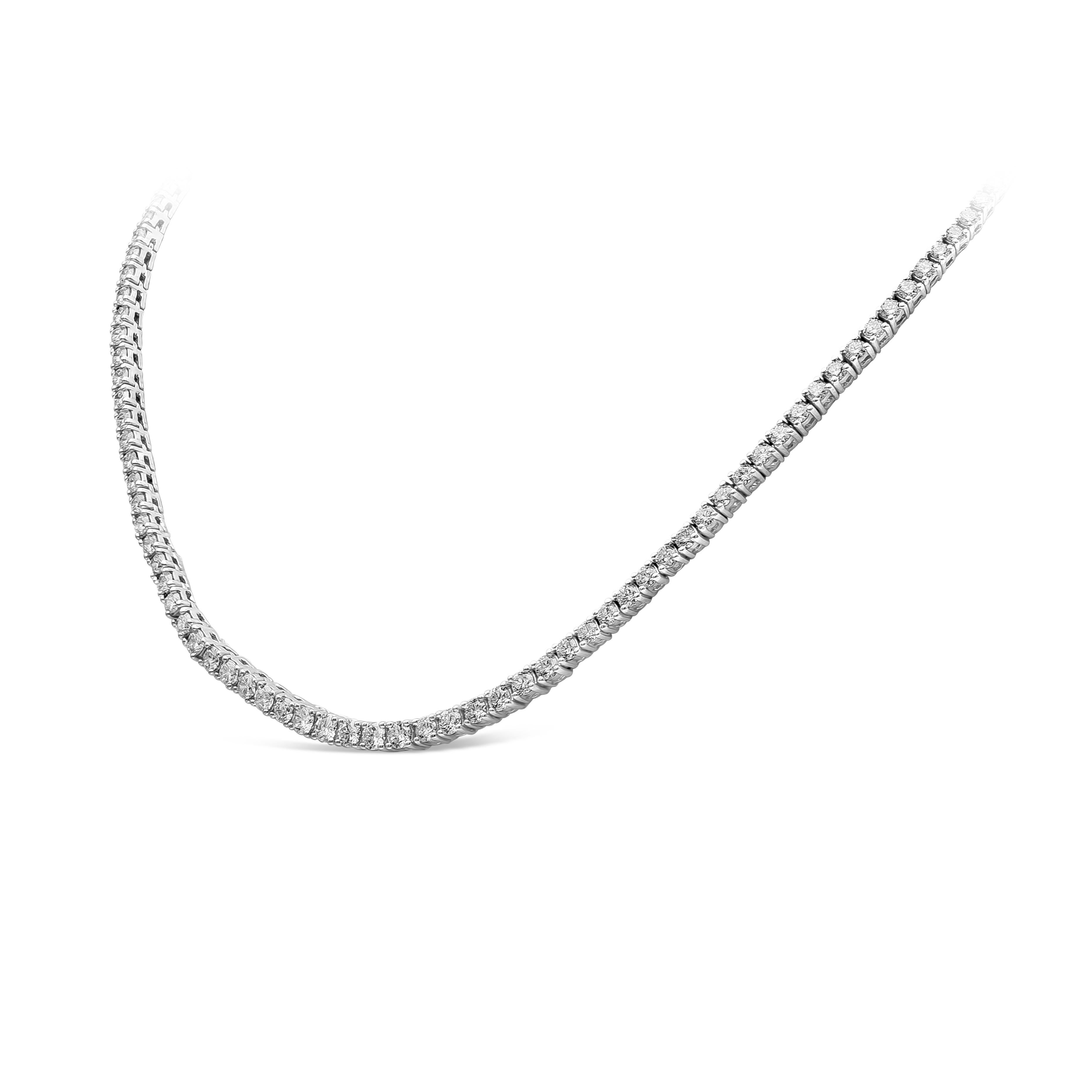 This fine dazzling slight graduation fashion necklace features 9.41 carats round brilliant diamonds, F-G in Color and VS-SI in Clarity. Set in a classic four-prong setting, finely crafted 18K White Gold.

Style available in different price ranges.