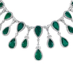 96.39 Carats Total Pear Shape Colombian Emerald & Diamond Halo Fringe Necklace