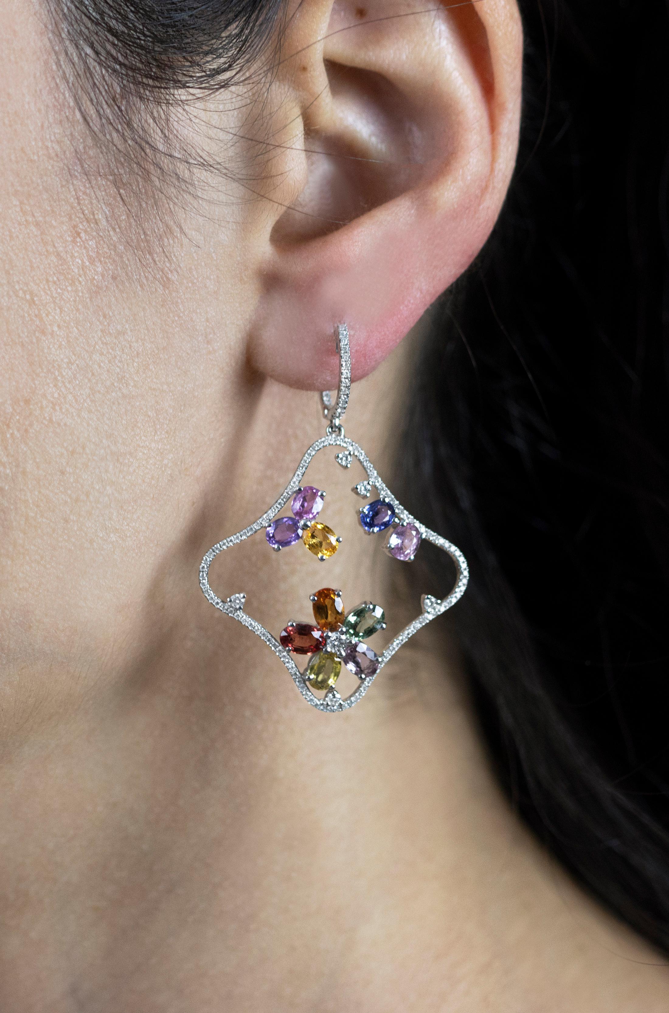 Contemporary Roman Malakov 9.67 Carats Multi-Color Sapphires with Diamond Dangle Earrings For Sale
